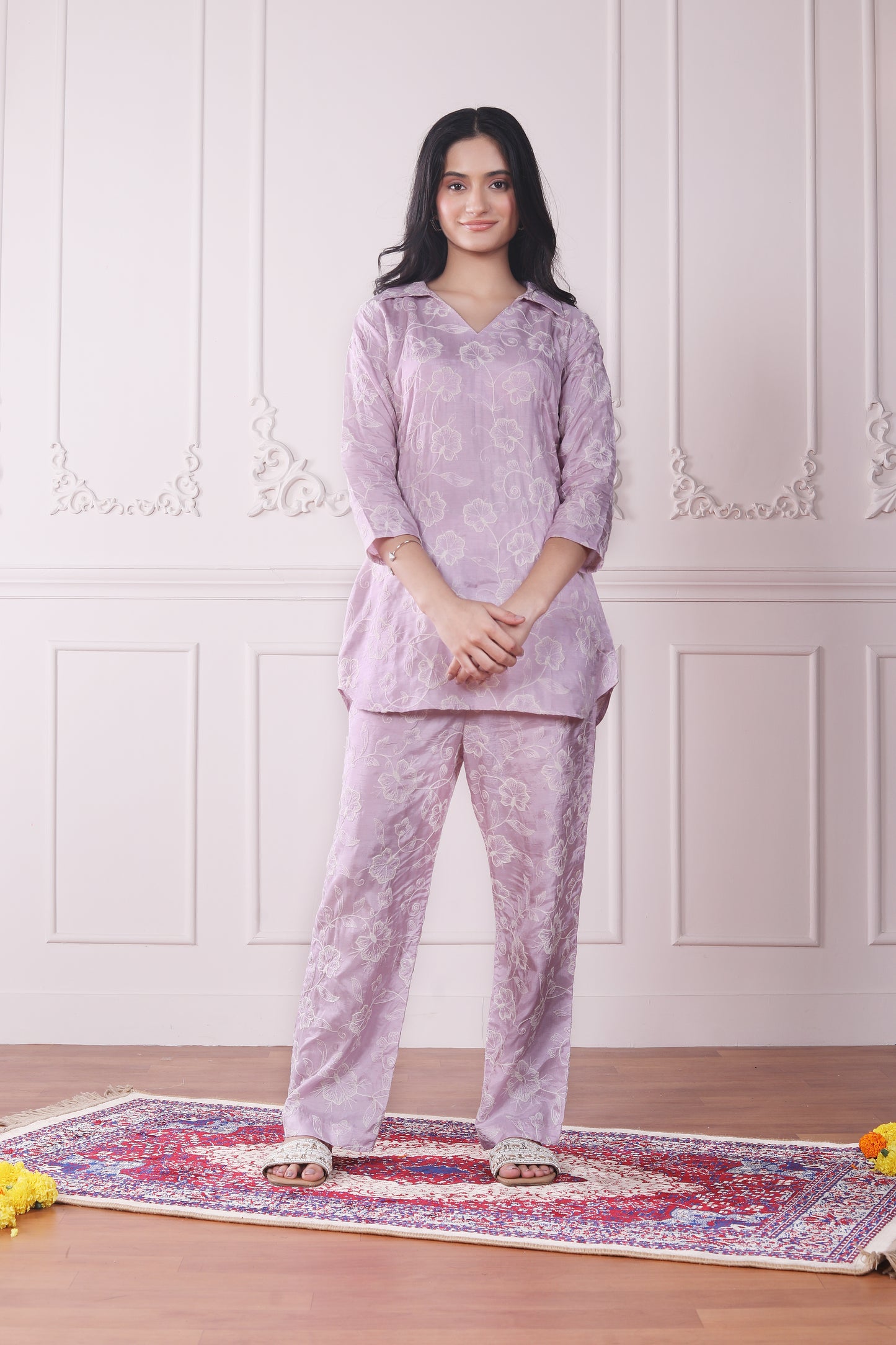 Lilac embroidered co-ord set with collared top