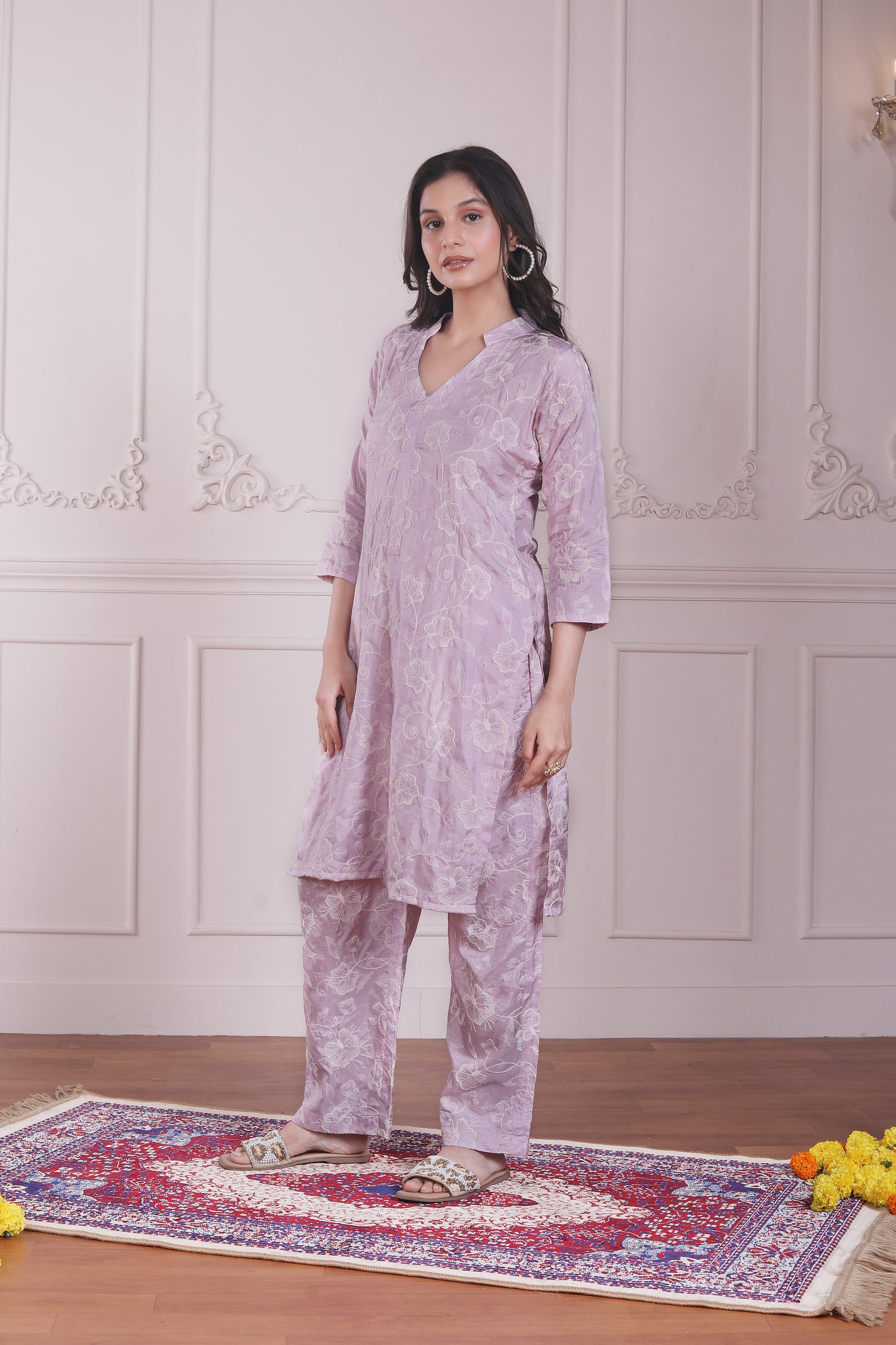 Lilac embroidered kurta set