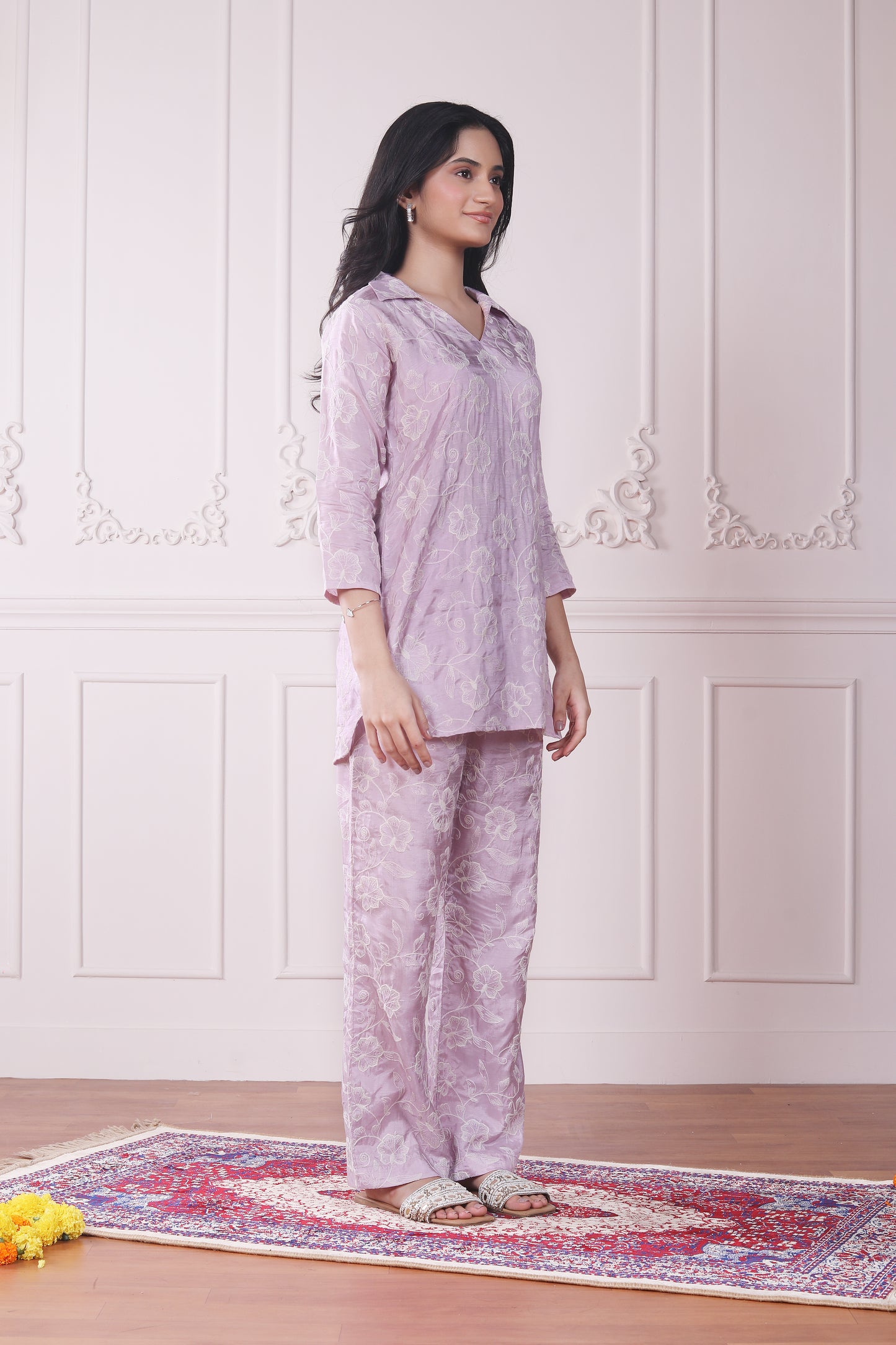 Lilac embroidered co-ord set with collared top