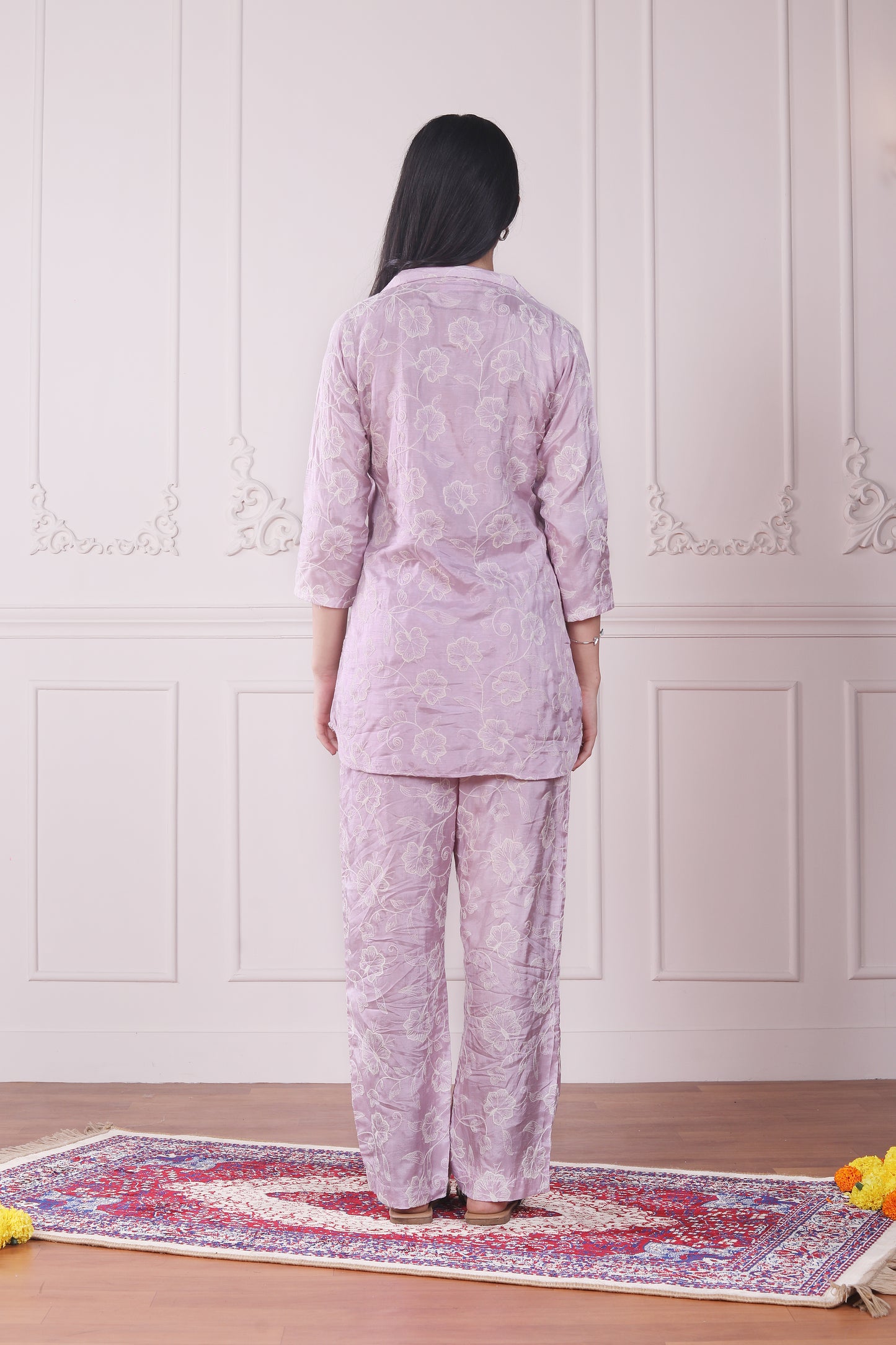 Lilac embroidered co-ord set with collared top