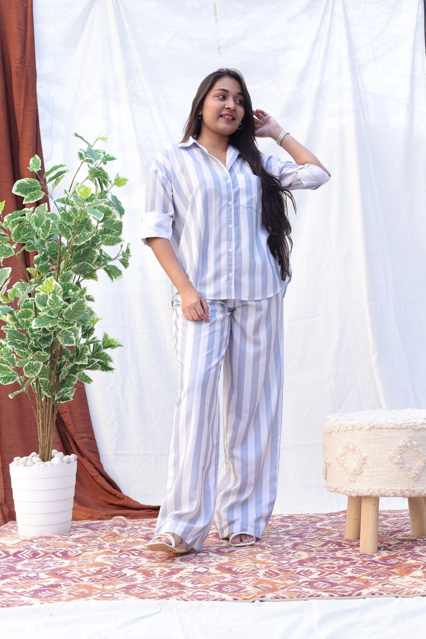 White Grey Striped Co-ord Set