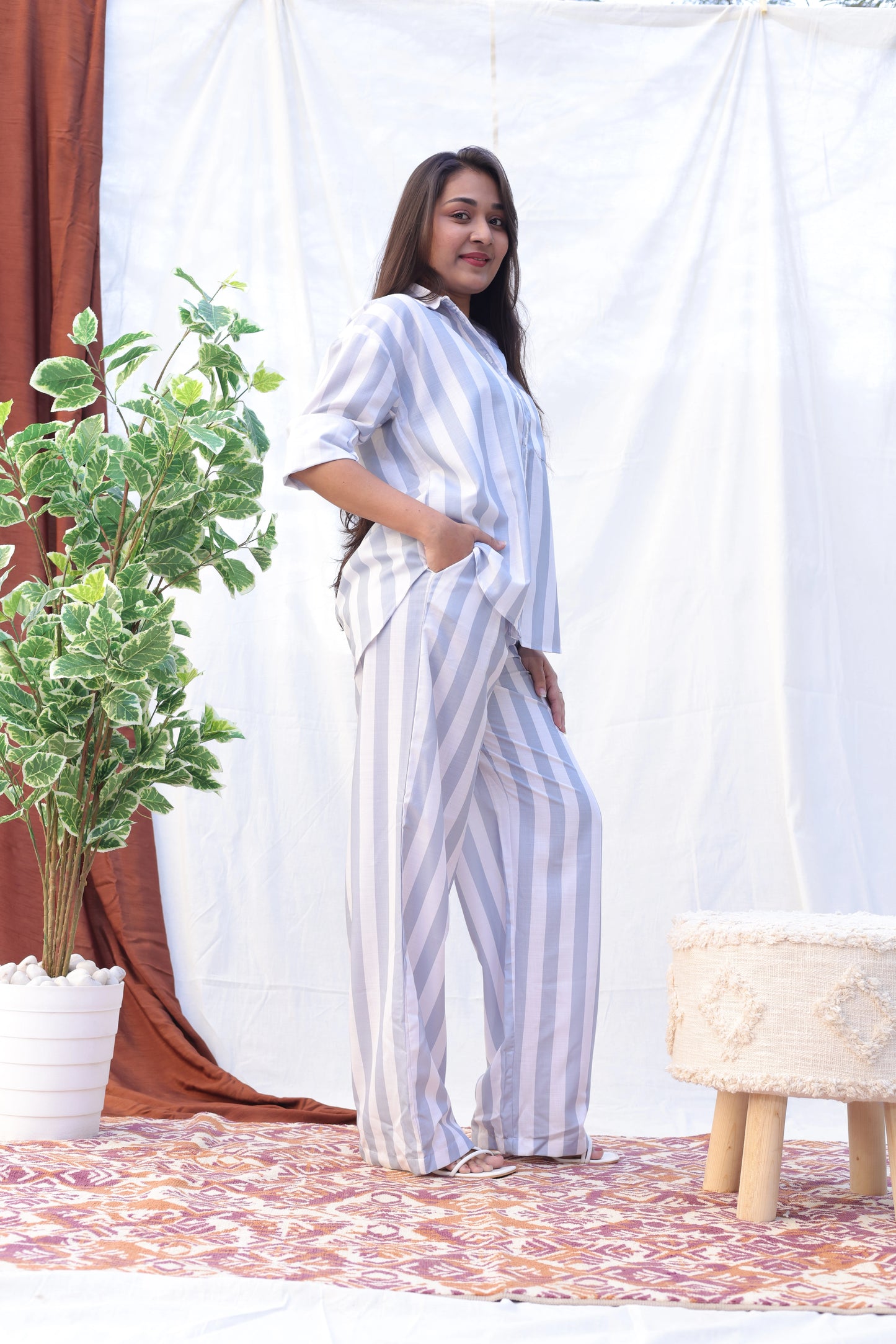 White Grey Striped Co-ord Set