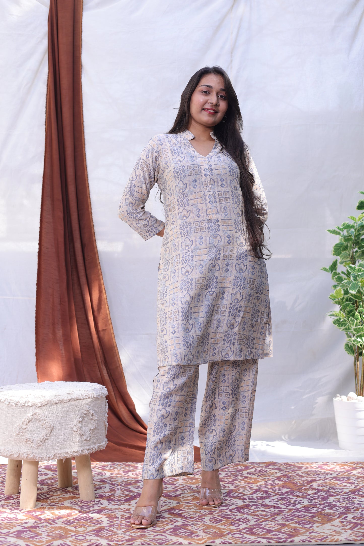 Beige Printed Kurta Set