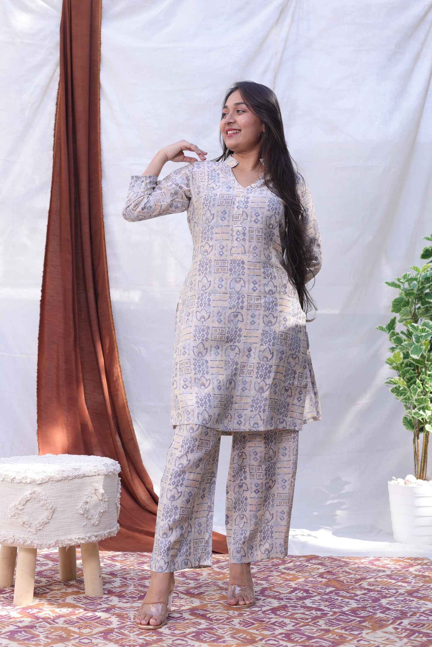 Beige Printed Kurta Set