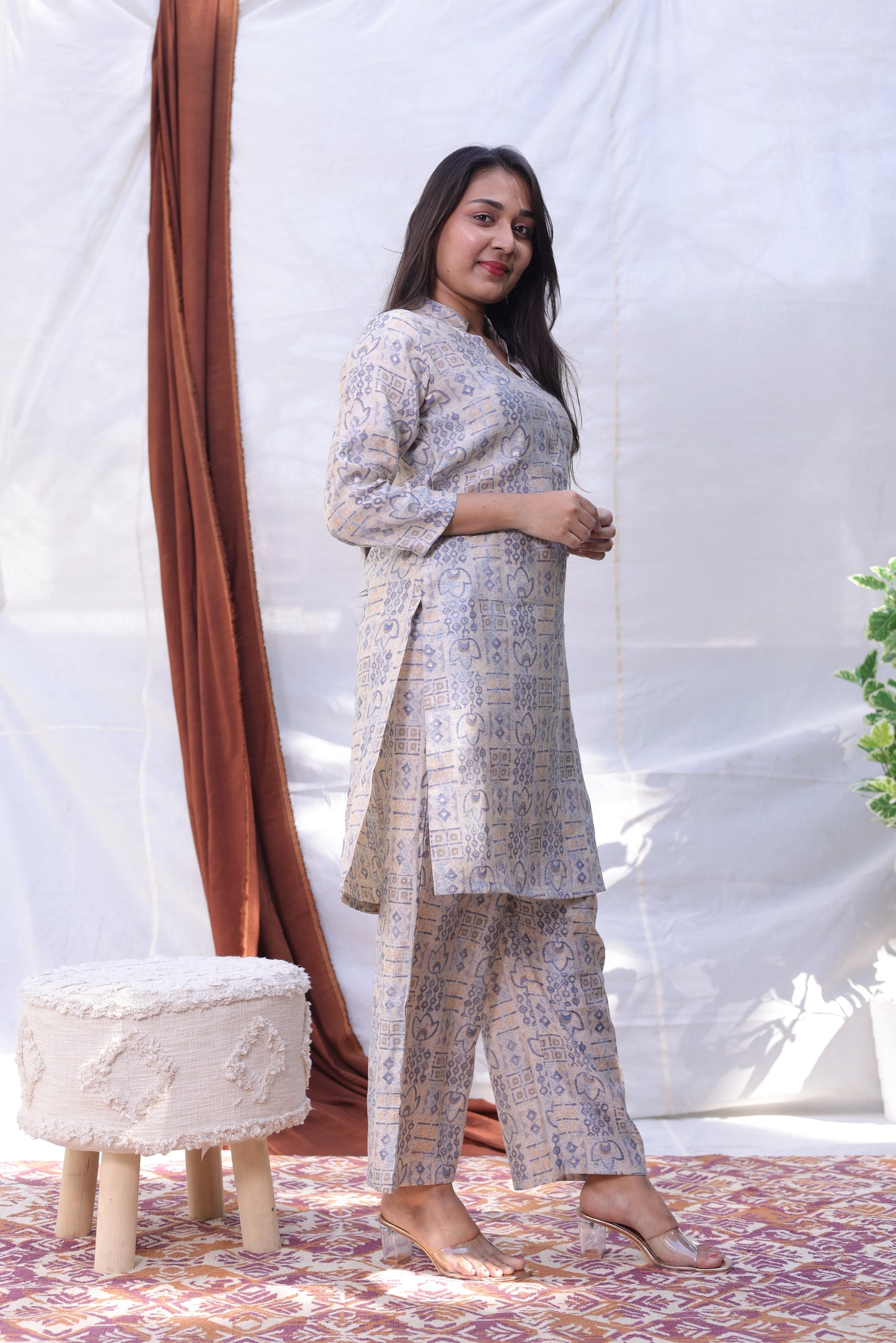 Beige Printed Kurta Set