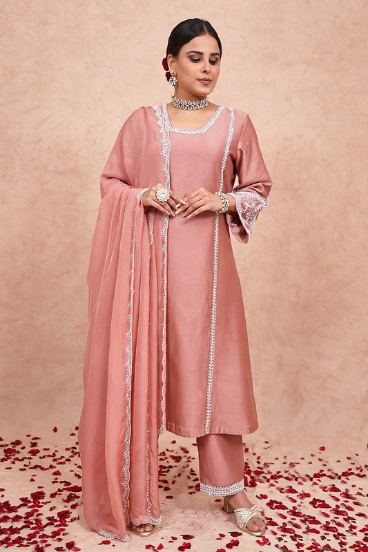 Rose Gold Chanderi Silk Zardosi Embroidered Kurta Set