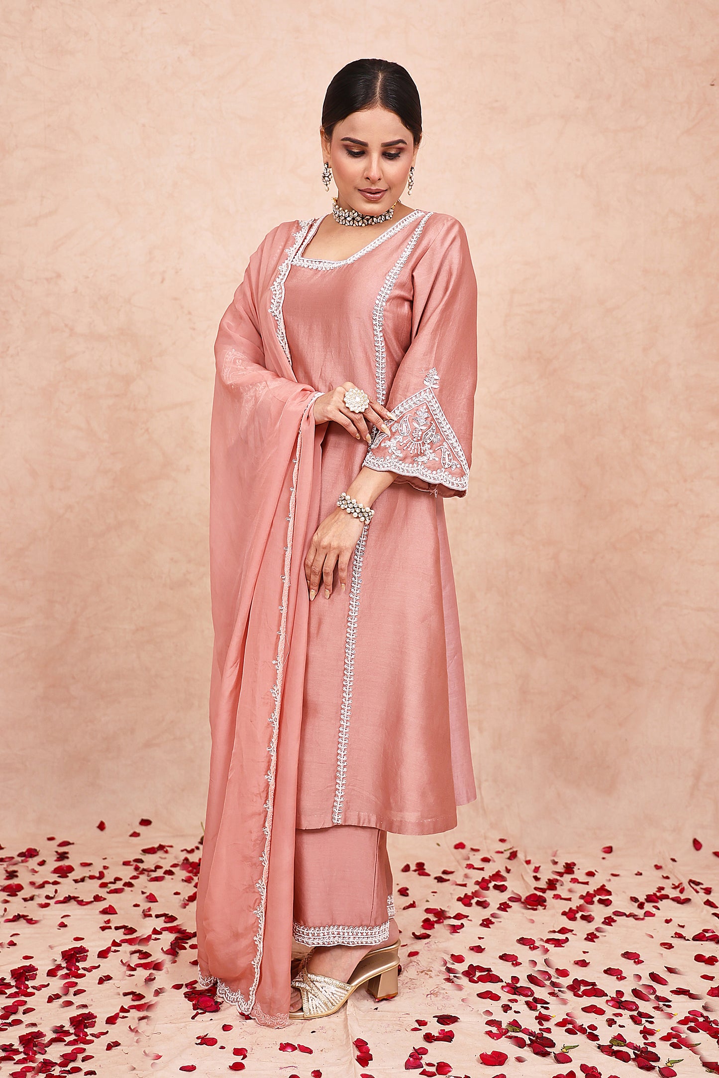 Rose Gold Chanderi Silk Zardosi Embroidered Kurta Set