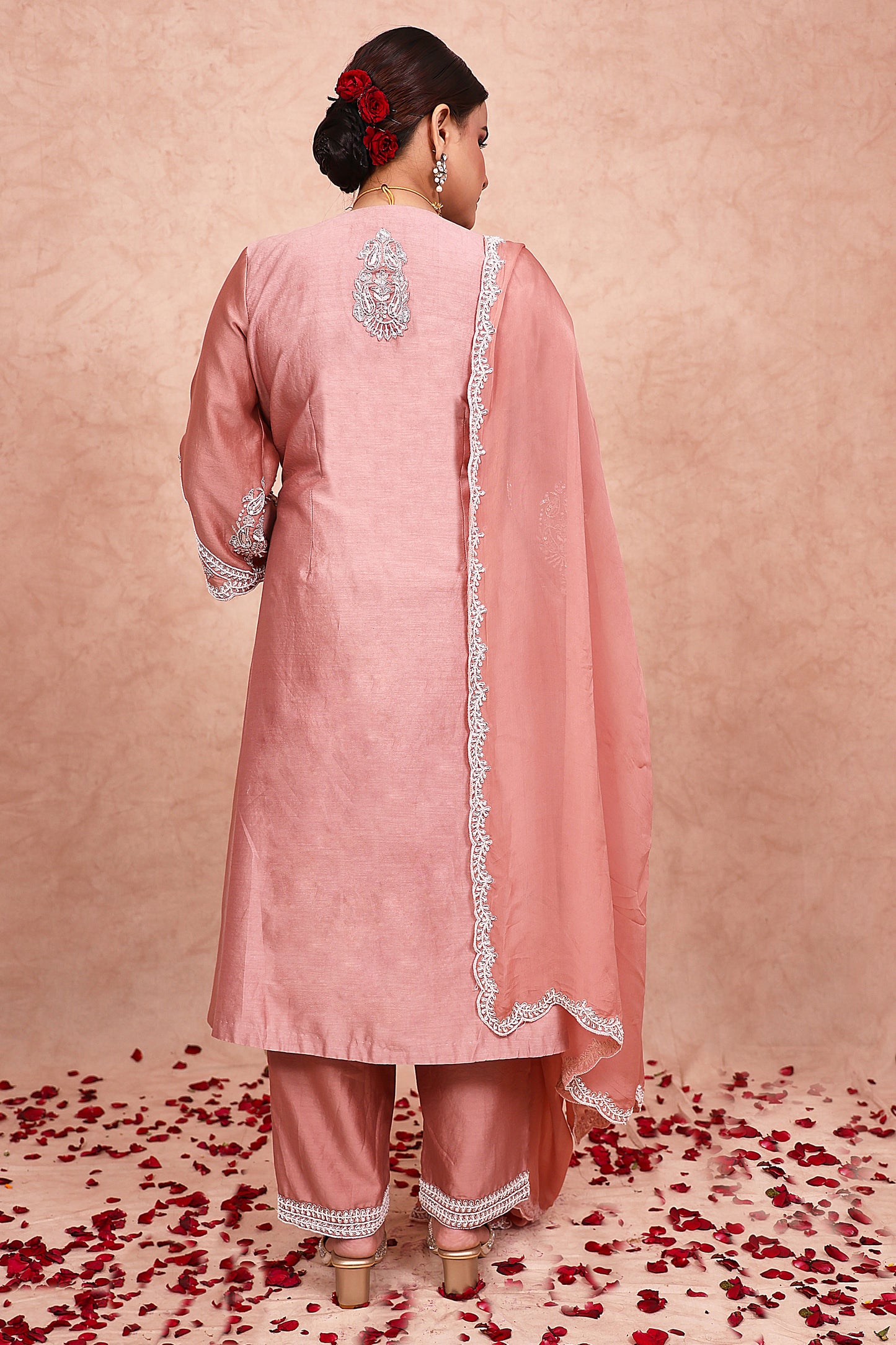 Rose Gold Chanderi Silk Zardosi Embroidered Kurta Set