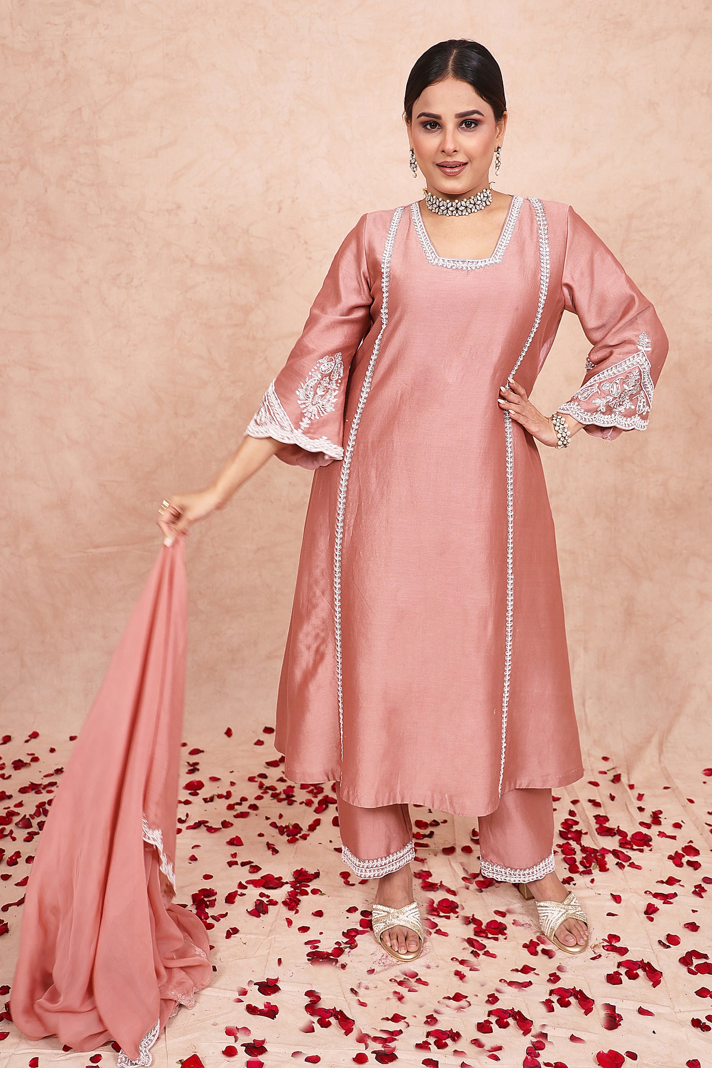 Rose Gold Chanderi Silk Zardosi Embroidered Kurta Set