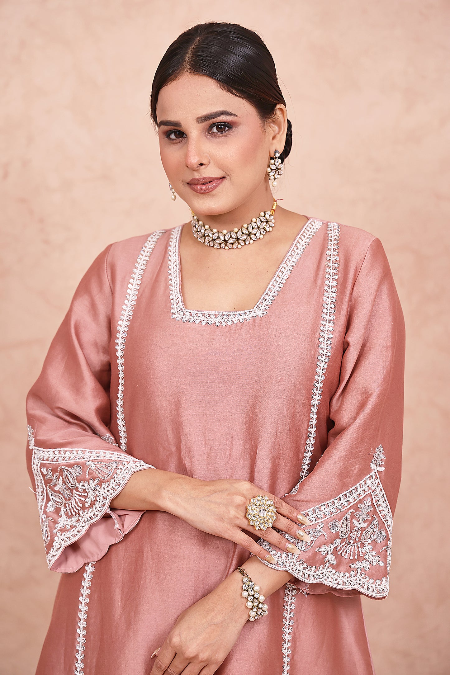 Rose Gold Chanderi Silk Zardosi Embroidered Kurta Set