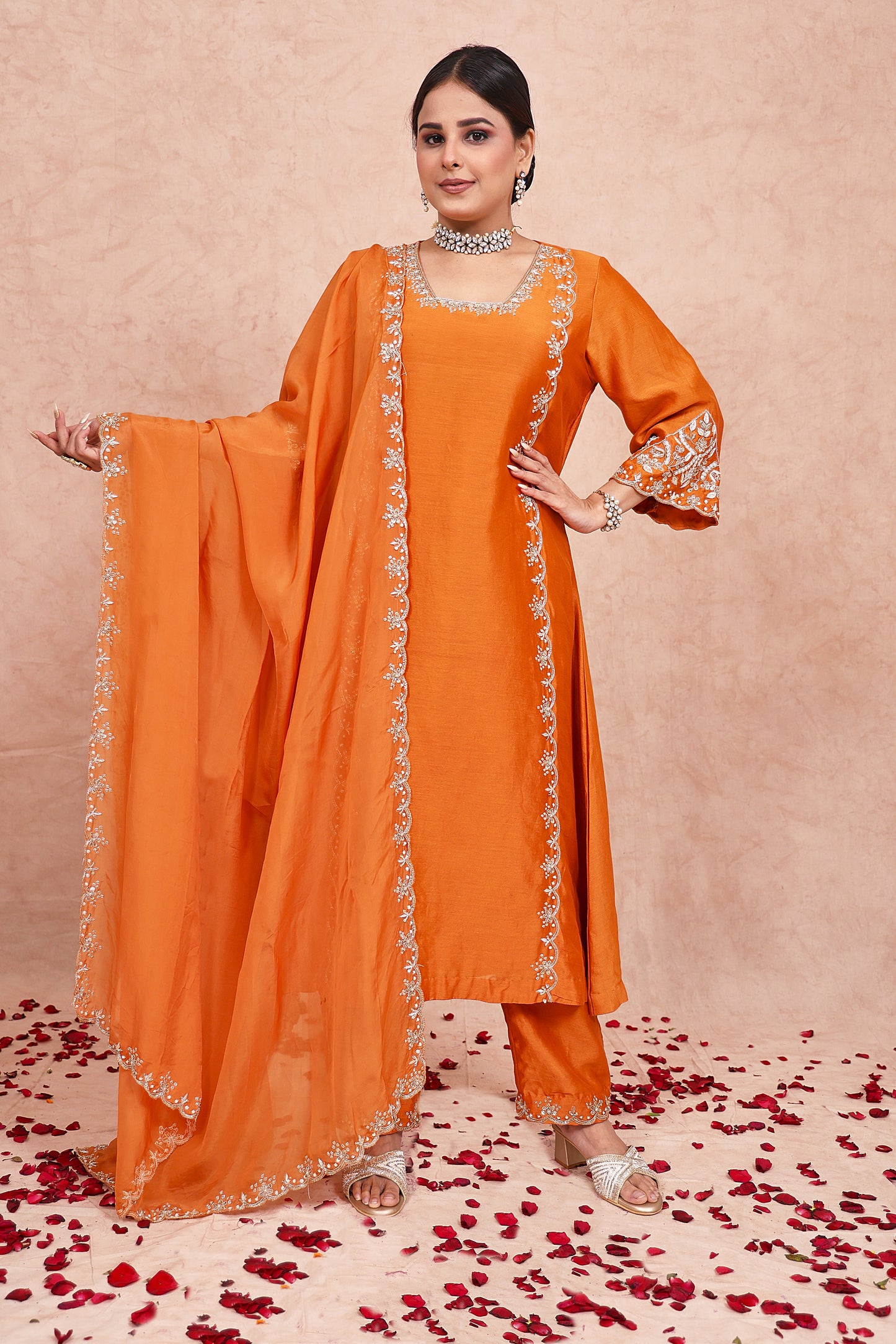 Rust Chanderi Silk Zardosi Embroidered Kurta Set