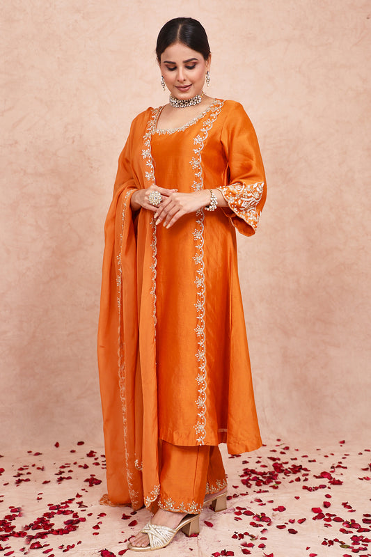 Rust Chanderi Silk Zardosi Embroidered Kurta Set