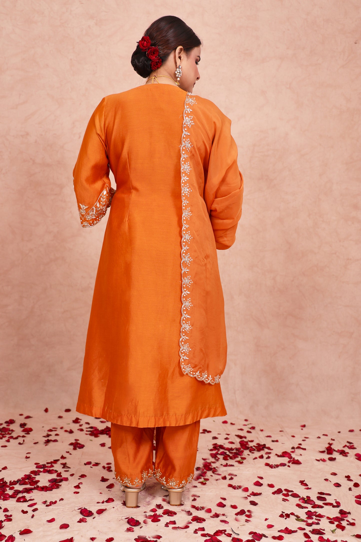 Rust Chanderi Silk Zardosi Embroidered Kurta Set