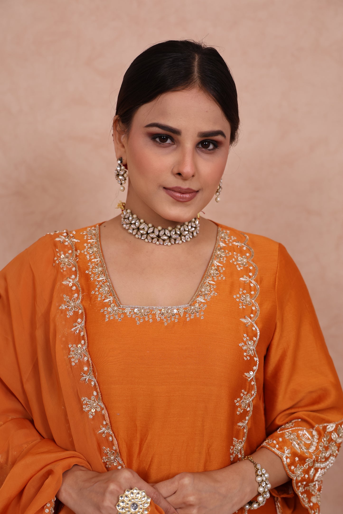 Rust Chanderi Silk Zardosi Embroidered Kurta Set