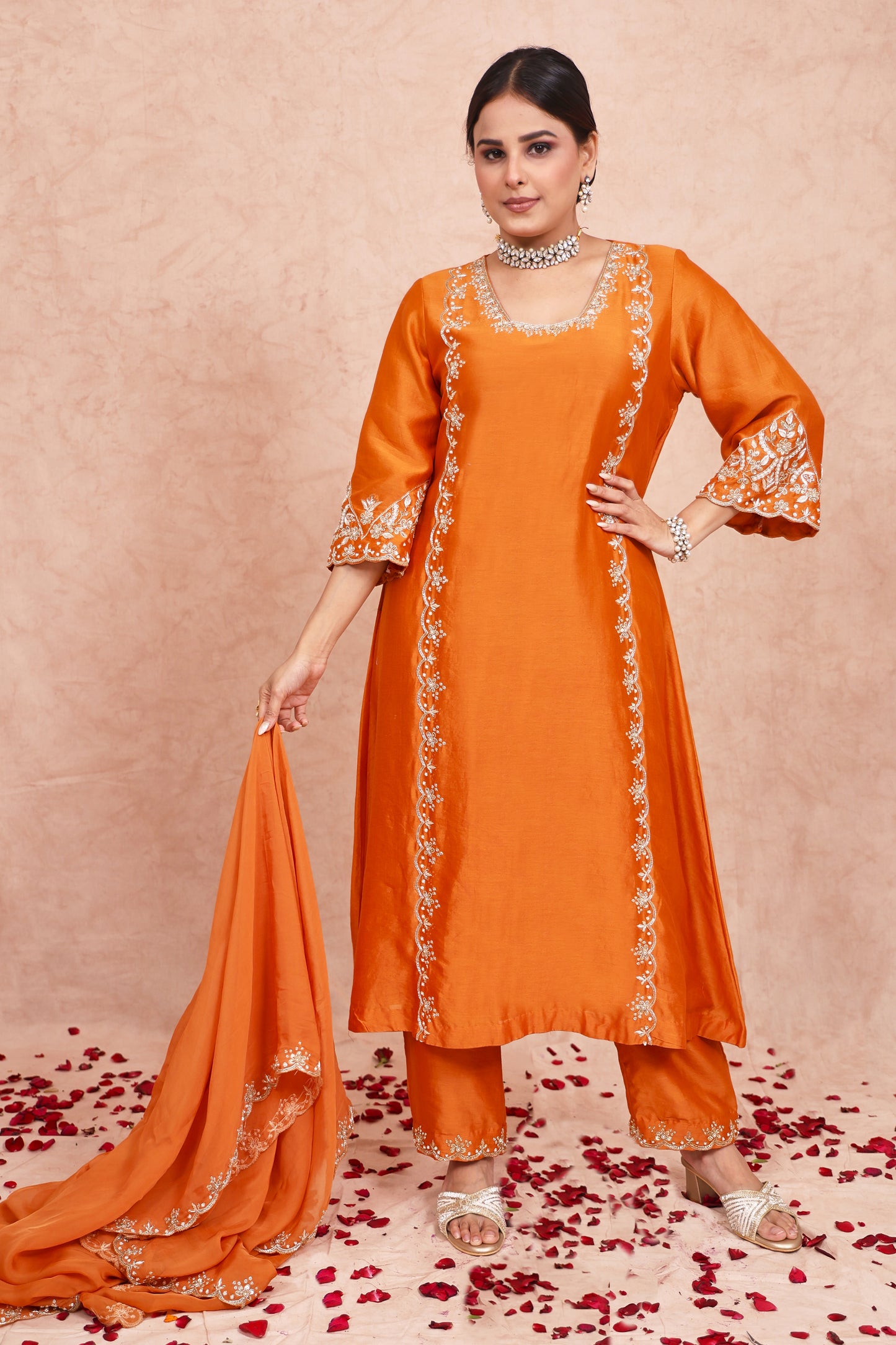 Rust Chanderi Silk Zardosi Embroidered Kurta Set