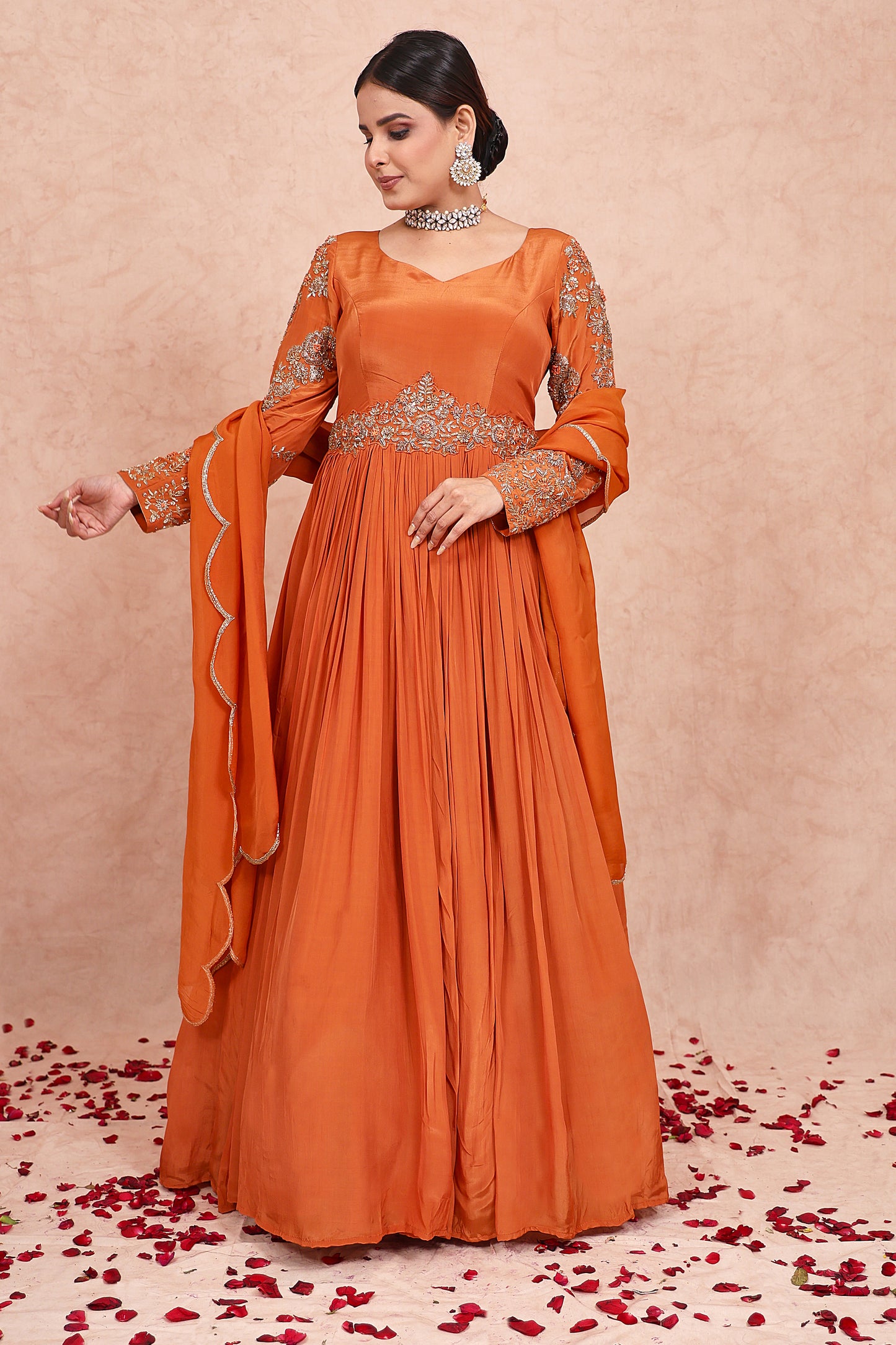 Rust Crepe zardosi Embroidered anarkali set