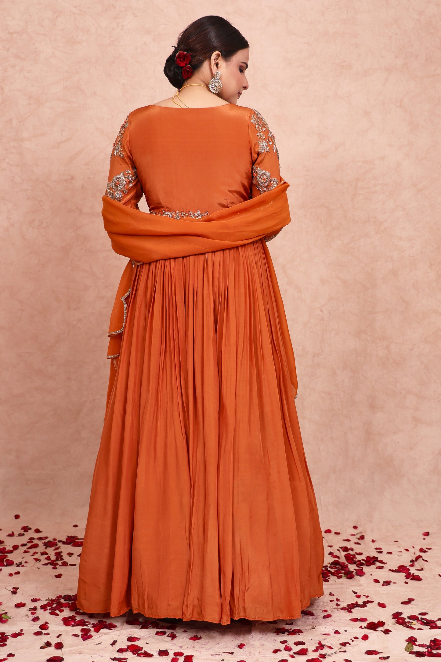 Rust Crepe zardosi Embroidered anarkali set