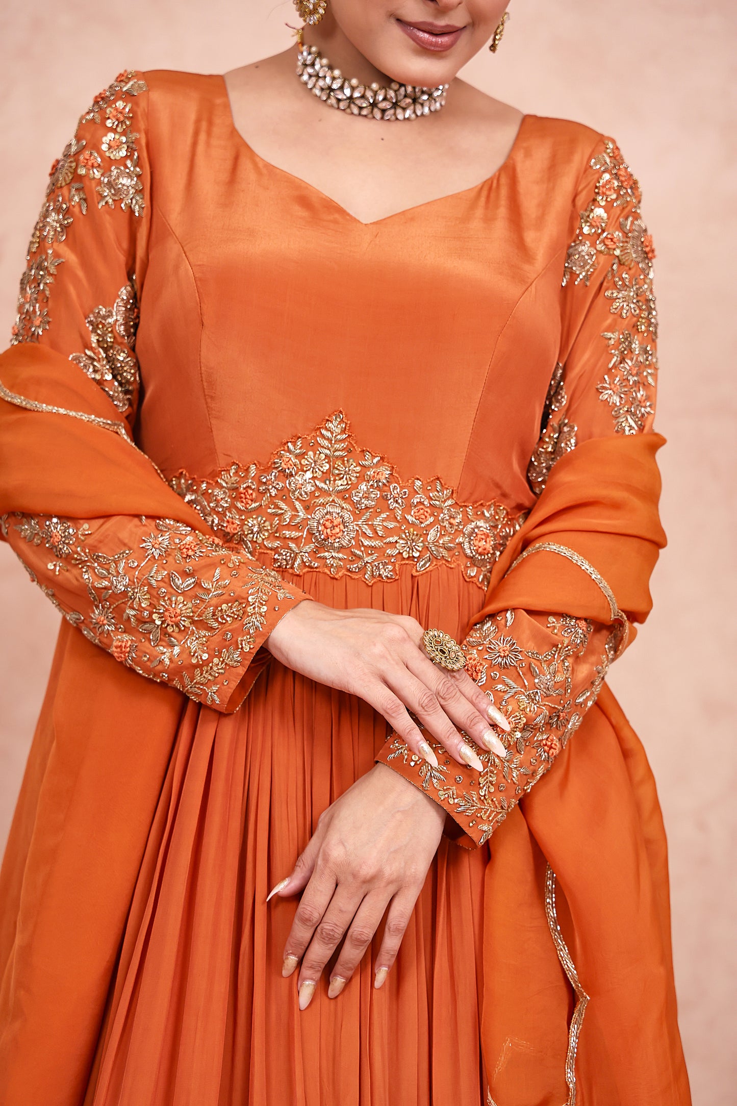 Rust Crepe zardosi Embroidered anarkali set