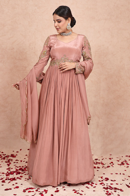 Rose Gold Hand Embroidered Crepe Anarkali Set