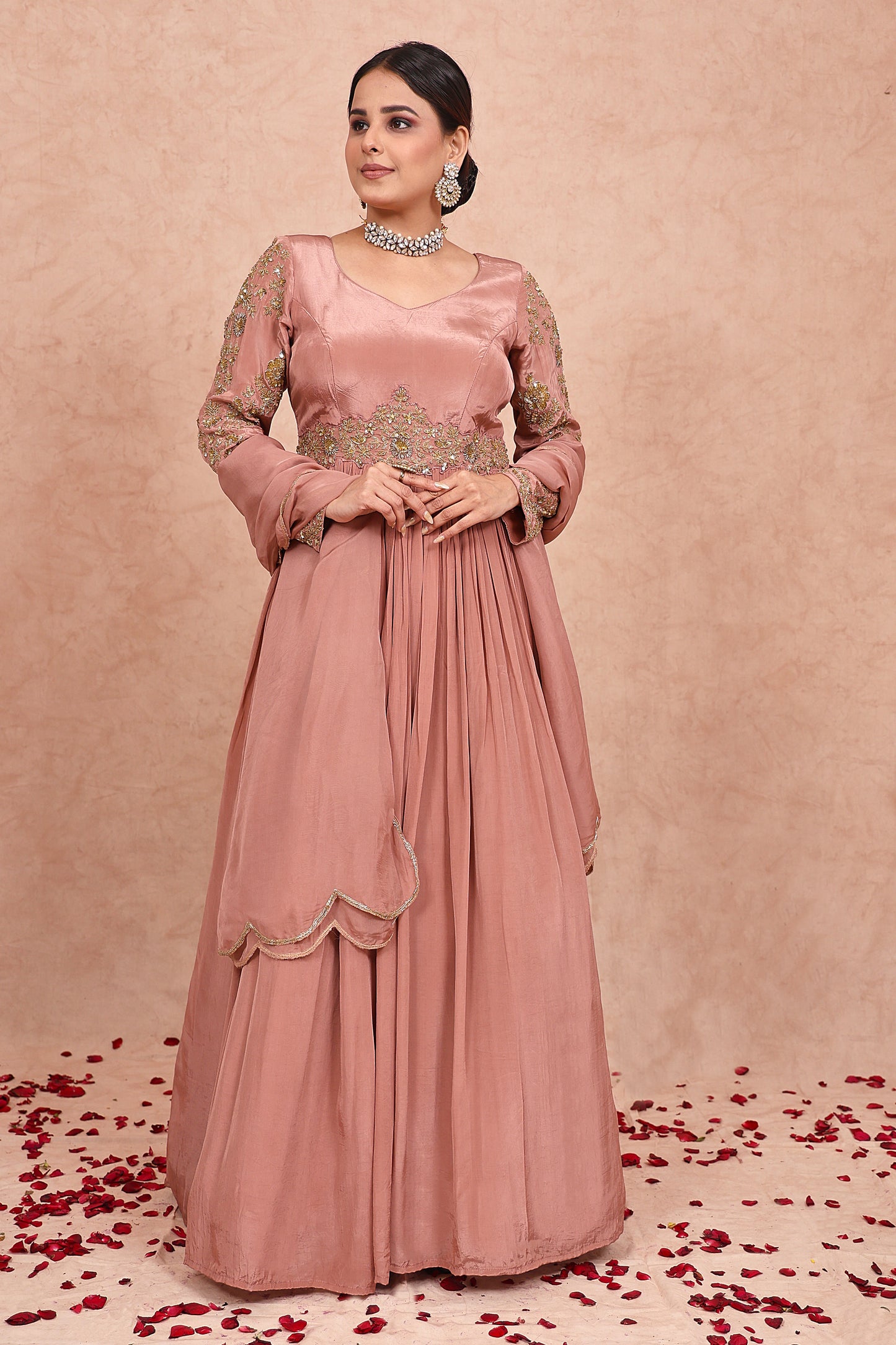 Rose Gold Hand Embroidered Crepe Anarkali Set