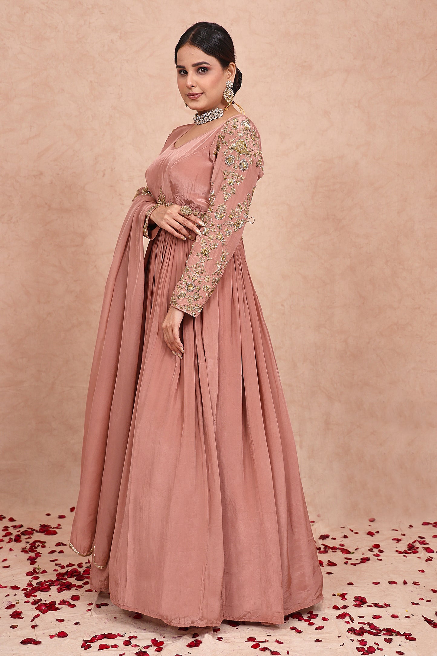 Rose Gold Hand Embroidered Crepe Anarkali Set