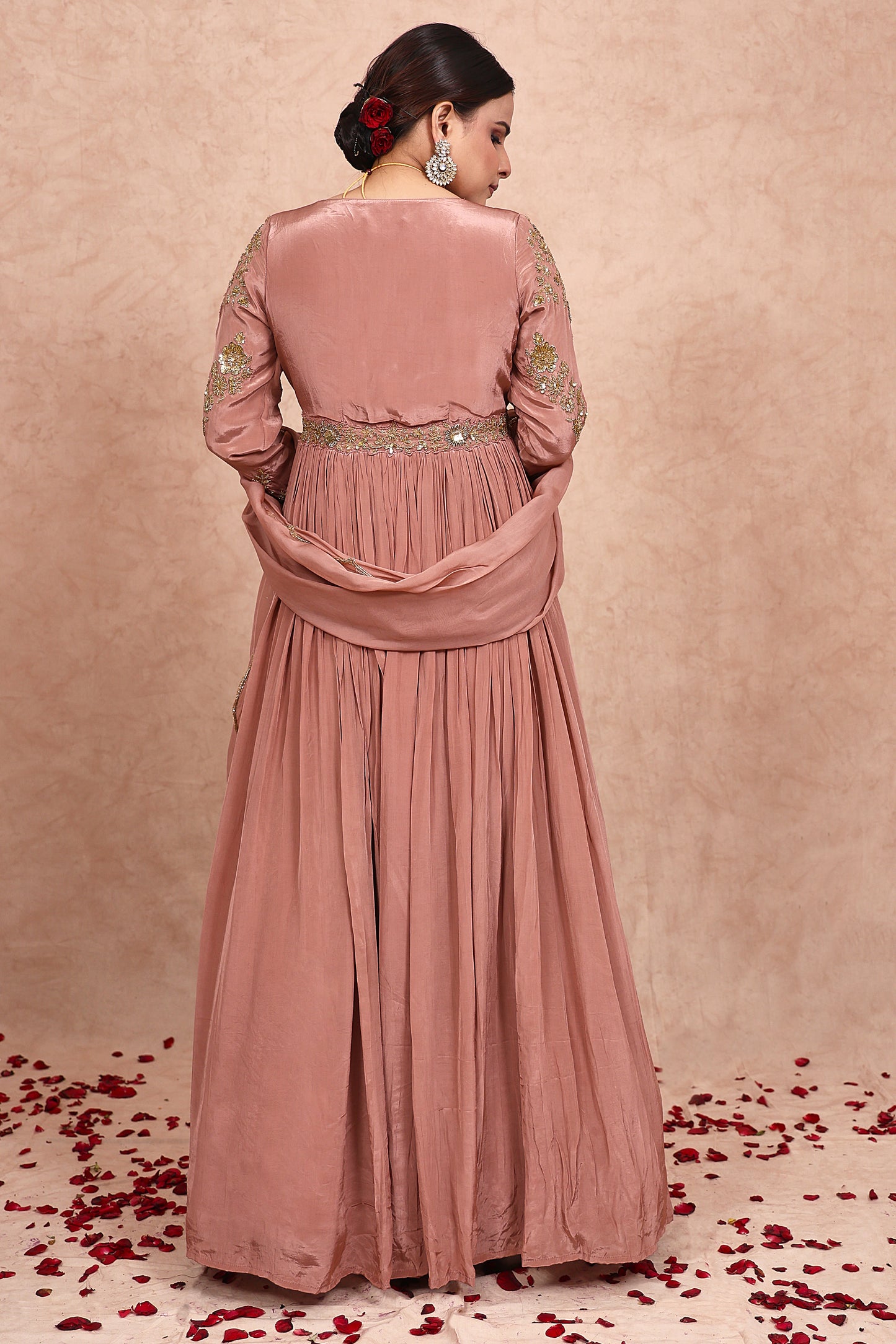 Rose Gold Hand Embroidered Crepe Anarkali Set