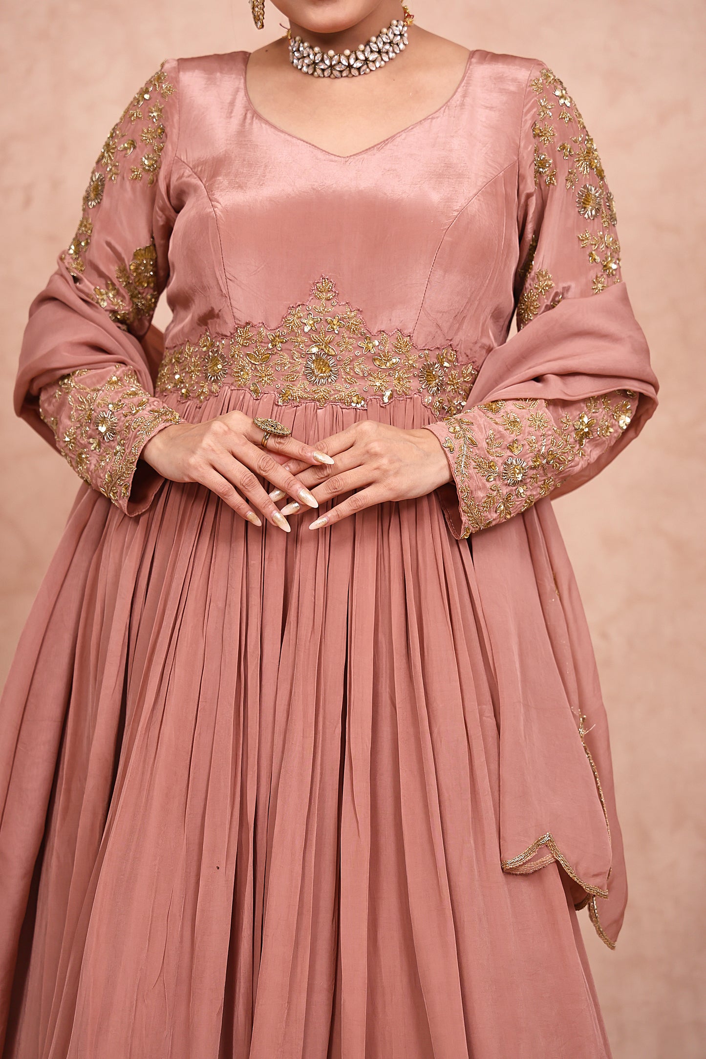 Rose Gold Hand Embroidered Crepe Anarkali Set