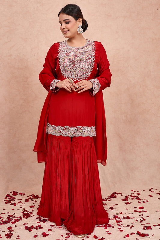 Maroon Crepe Zardosi Embroidered Sharara Set