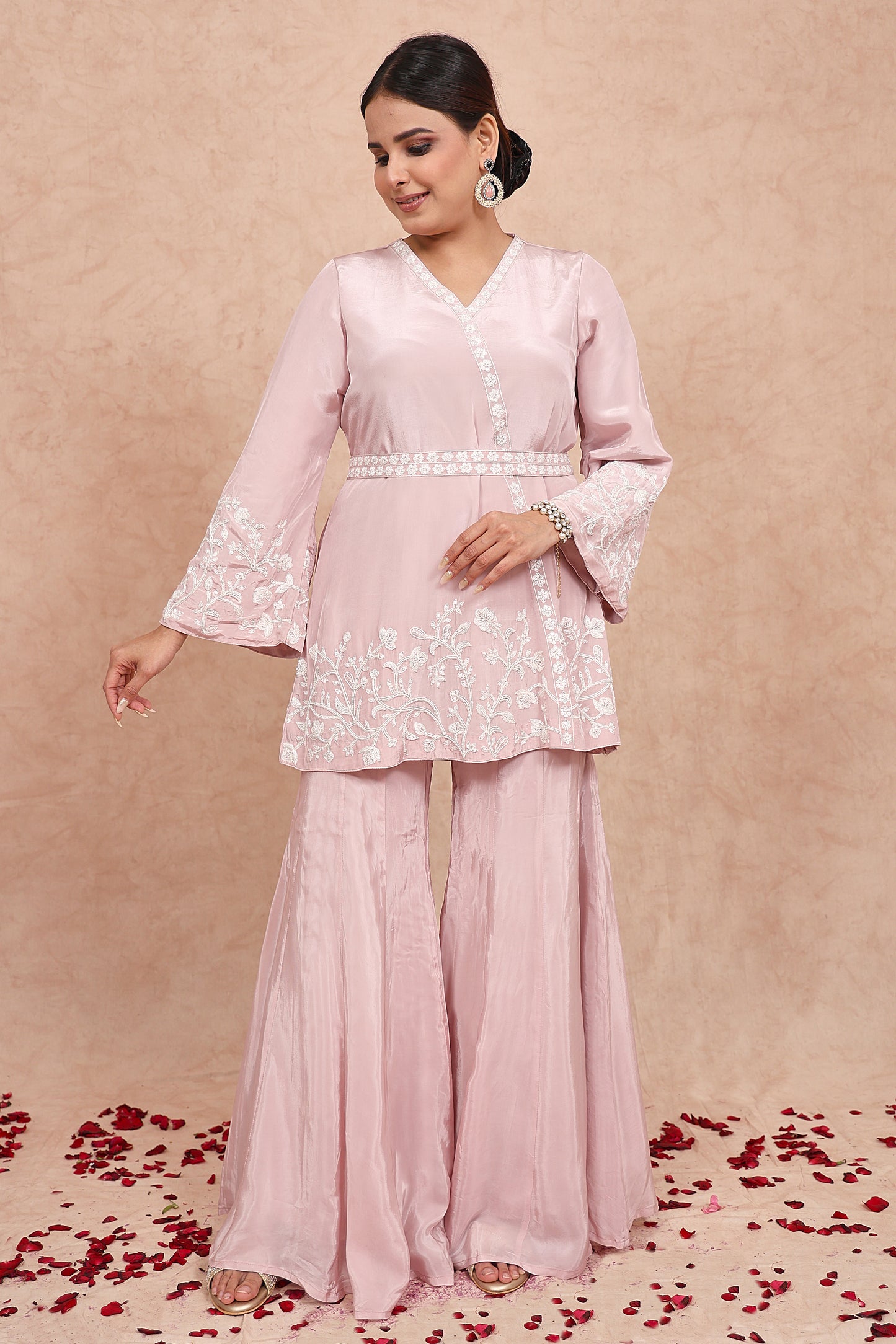 Baby Pink Crepe Pearl Embroidered Co-Ord Set