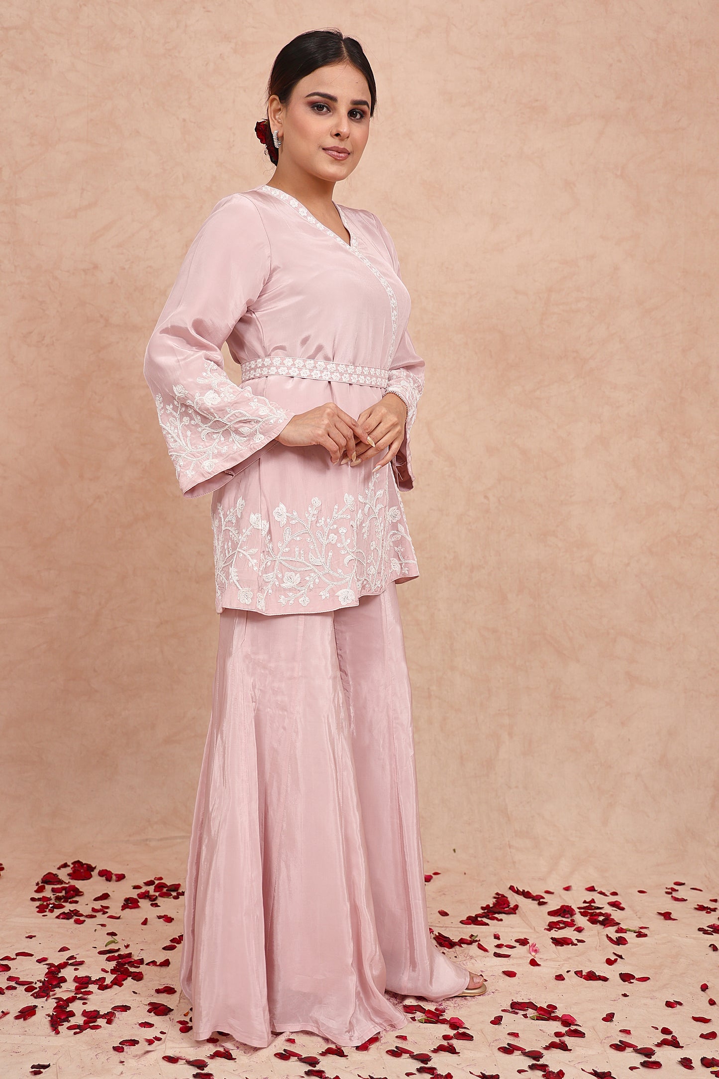 Baby Pink Crepe Pearl Embroidered Co-Ord Set