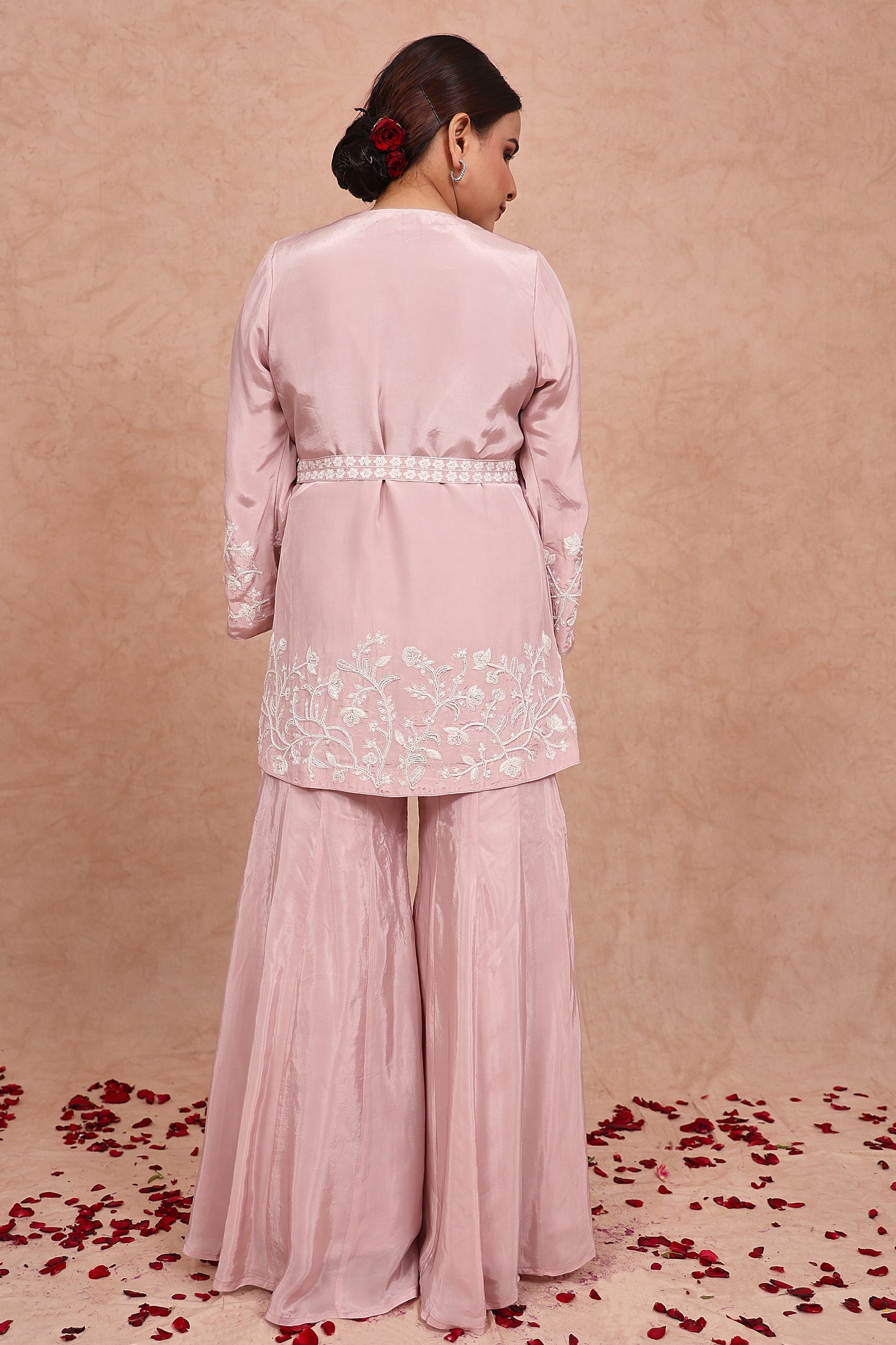 Baby Pink Crepe Pearl Embroidered Co-Ord Set