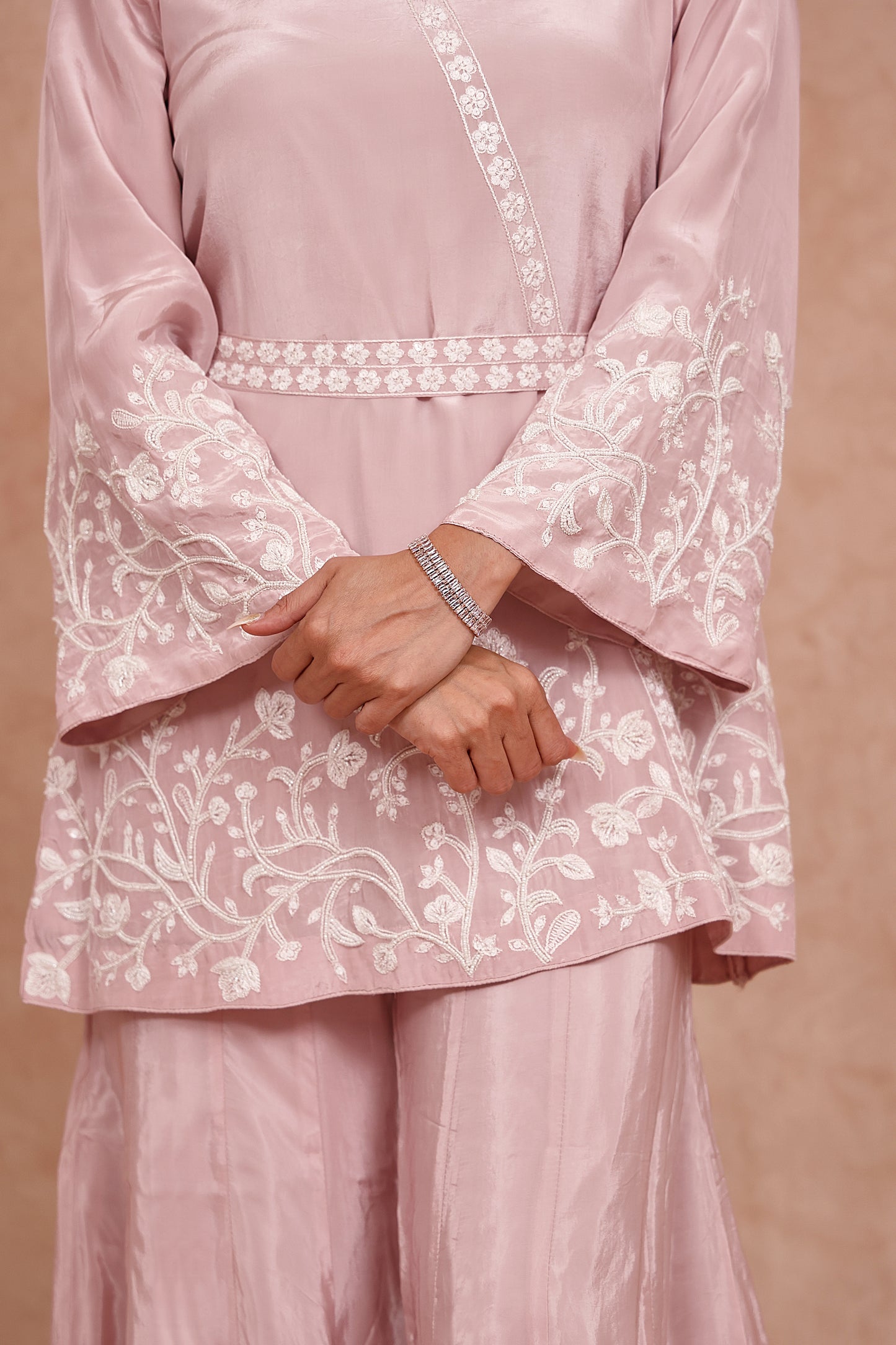 Baby Pink Crepe Pearl Embroidered Co-Ord Set