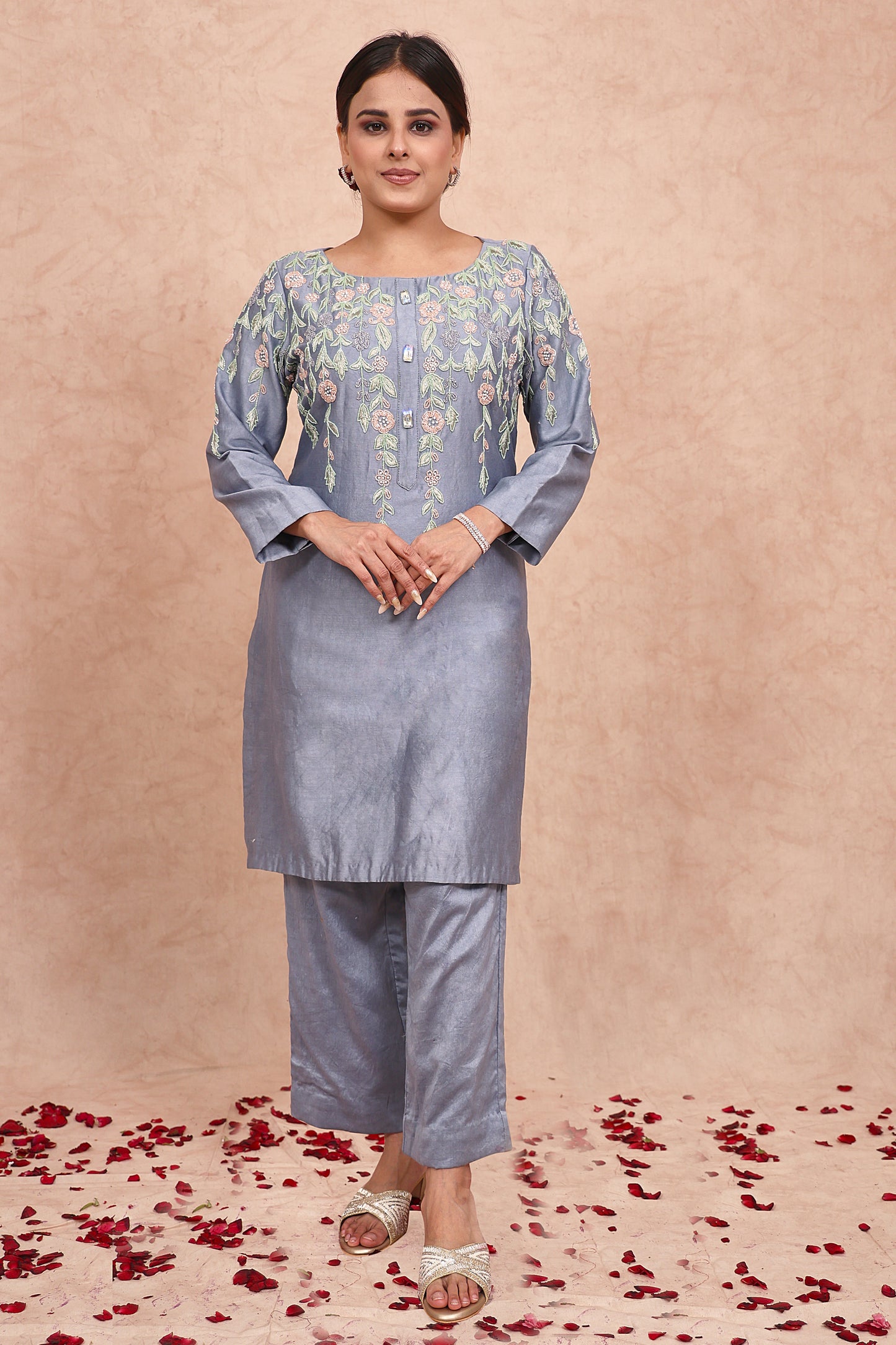 Pastel Blue Chanderi silk Embroidered Kurta Set