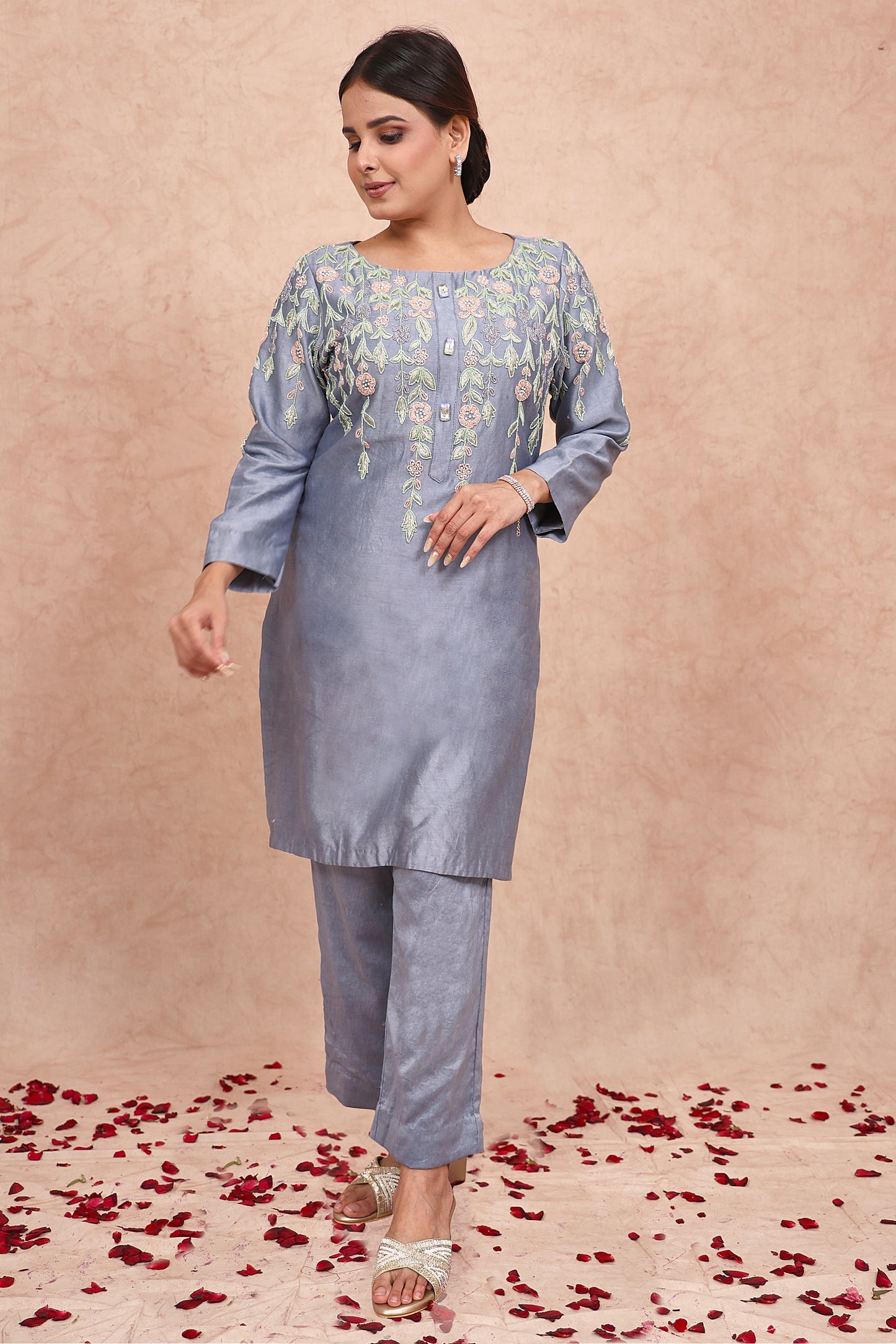 Pastel Blue Chanderi silk Embroidered Kurta Set