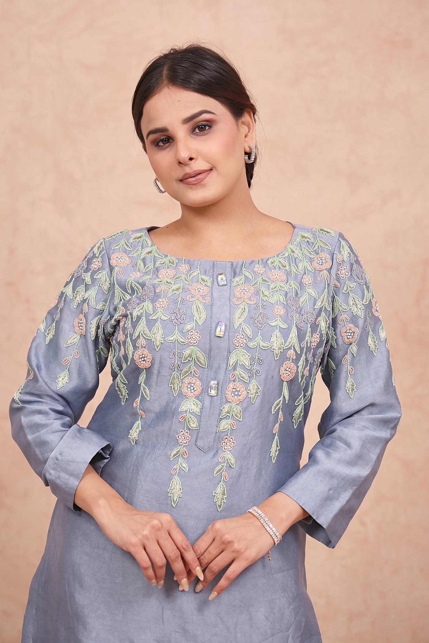 Pastel Blue Chanderi silk Embroidered Kurta Set