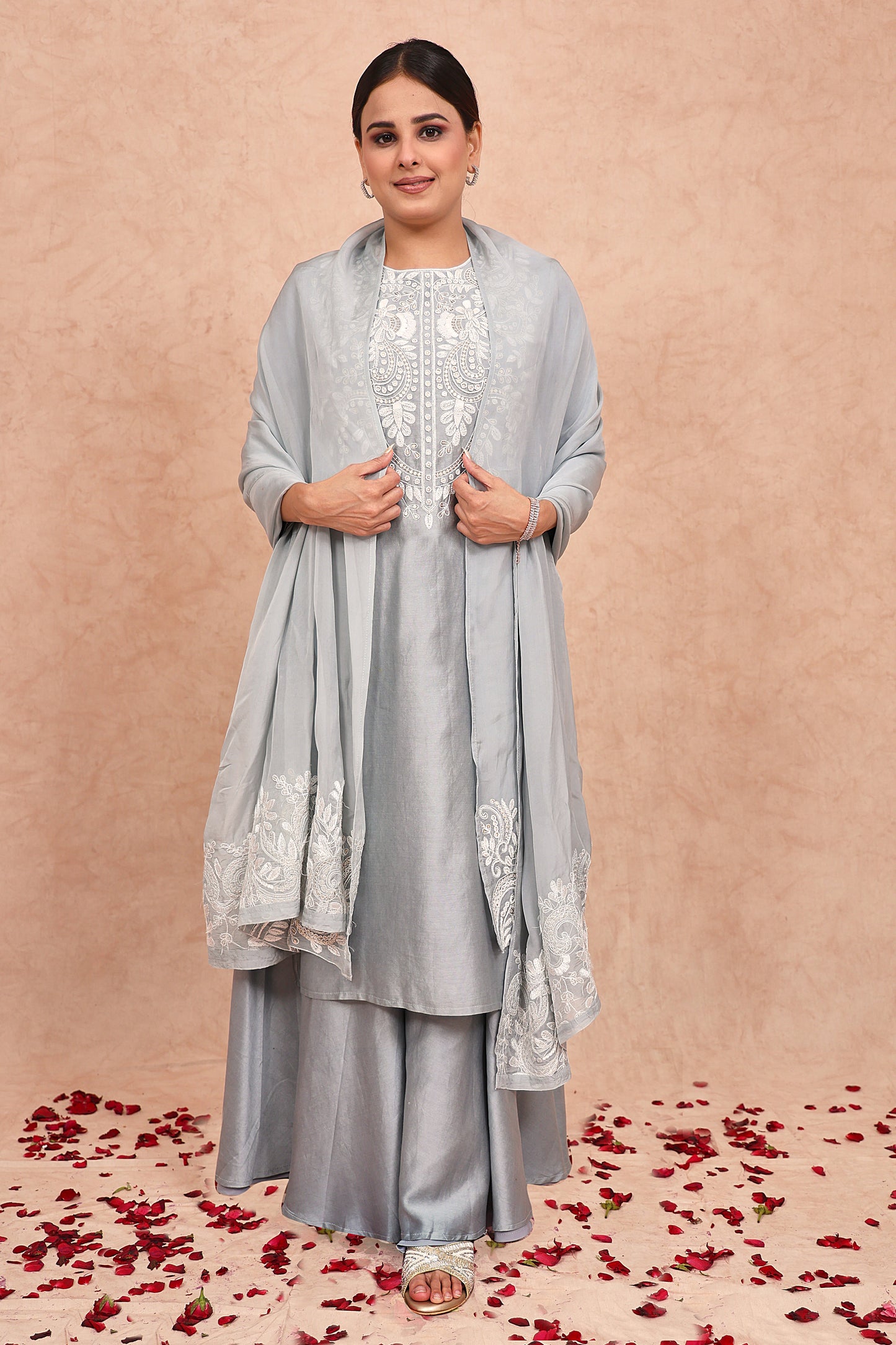 Pastel Blue Chanderi Silk Pearl Embroidered Kurta Set