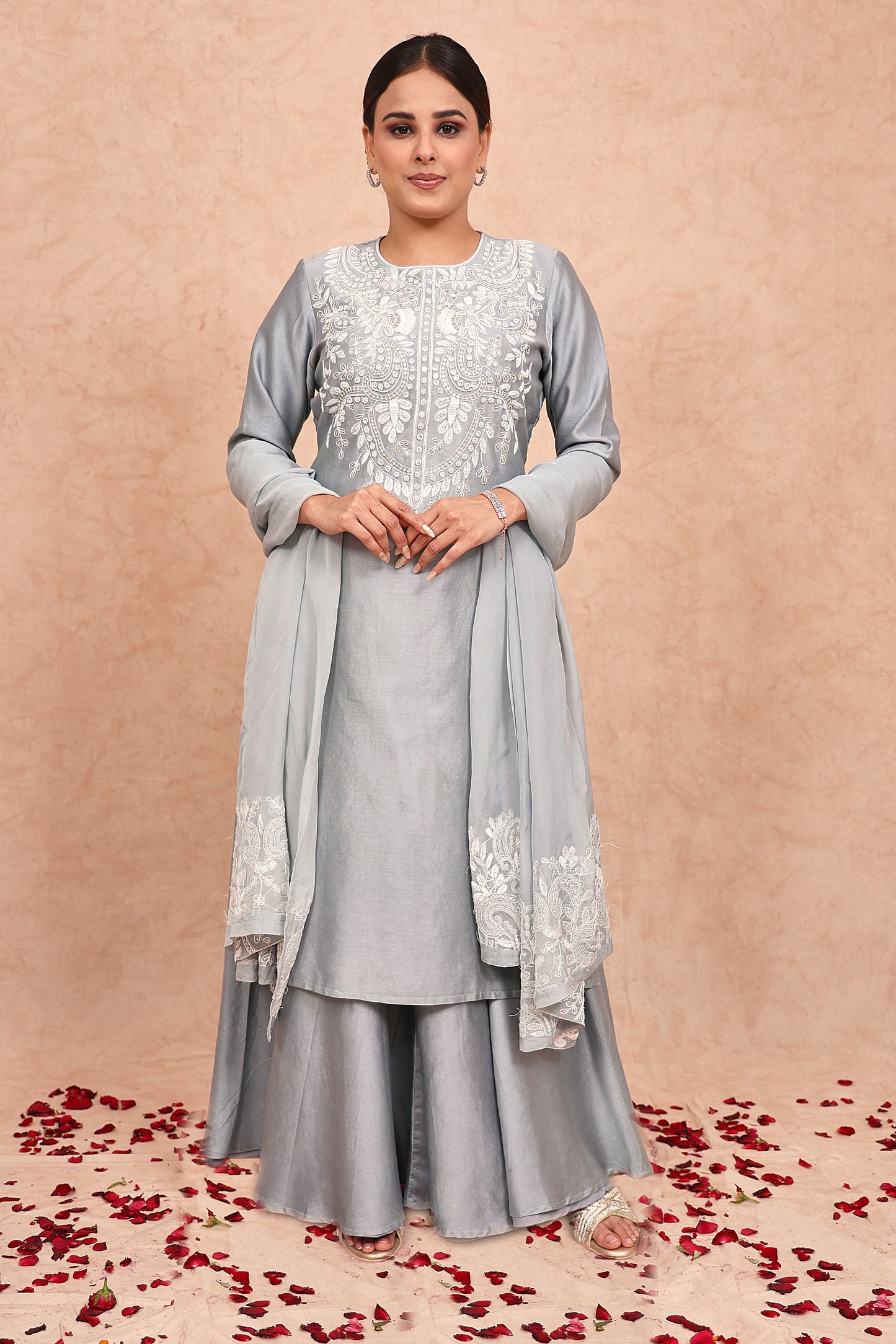 Pastel Blue Chanderi Silk Pearl Embroidered Kurta Set