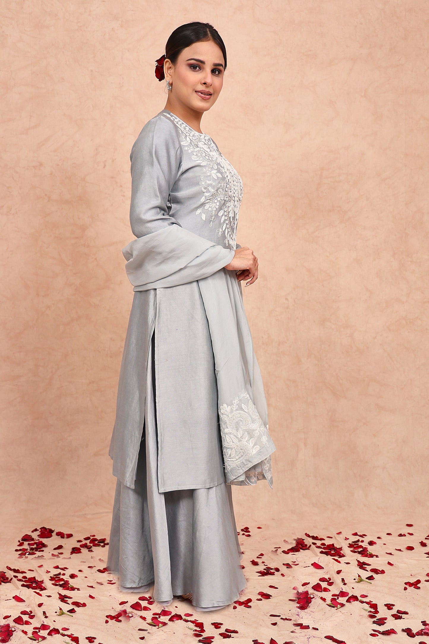 Pastel Blue Chanderi Silk Pearl Embroidered Kurta Set