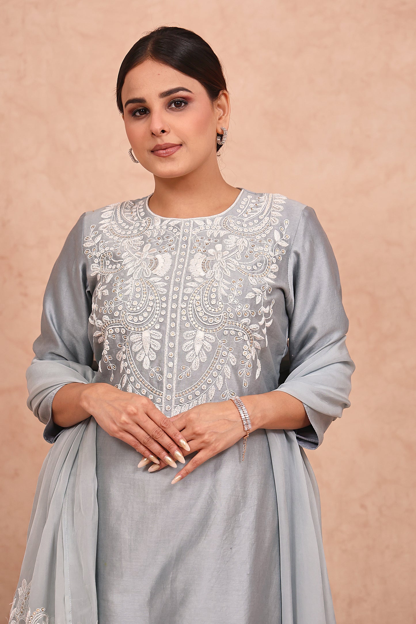 Pastel Blue Chanderi Silk Pearl Embroidered Kurta Set