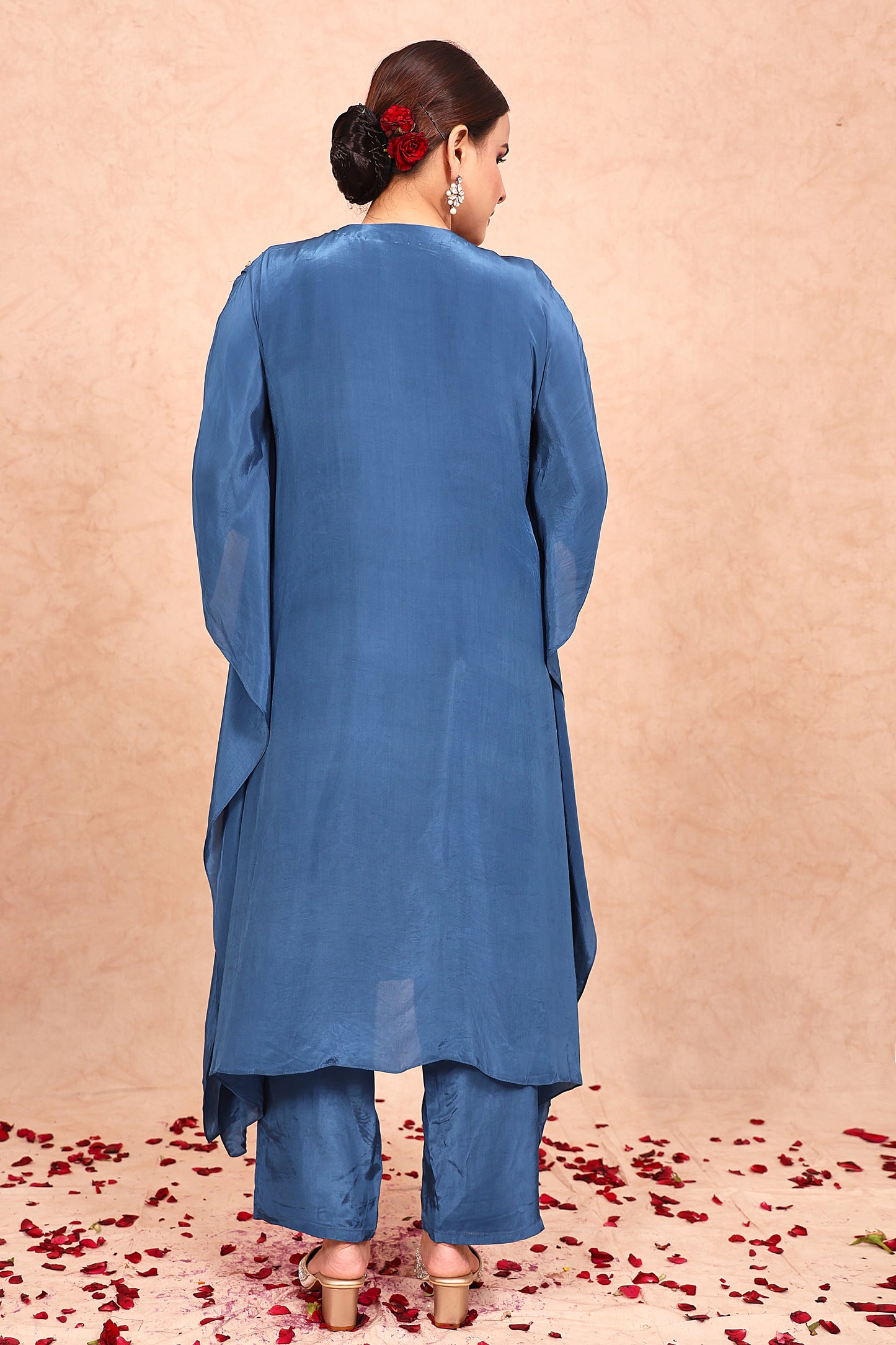 Blue Crepe Embroidered Kaftan Set