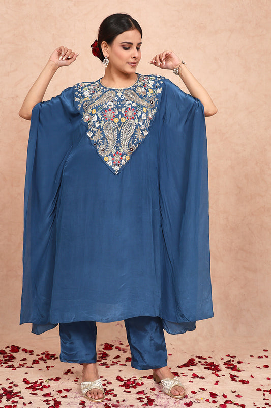 Blue Crepe Embroidered Kaftan Set