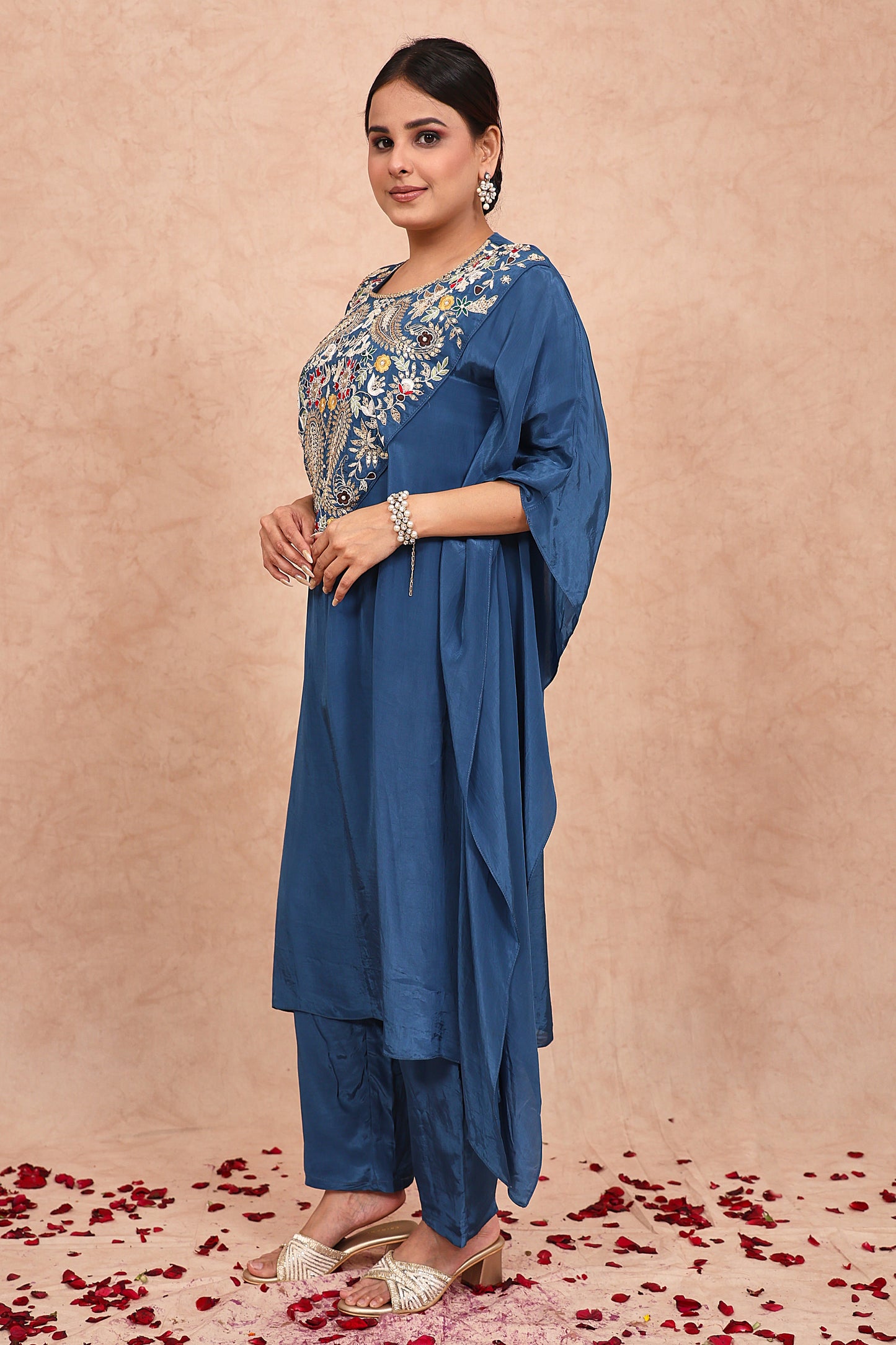 Blue Crepe Embroidered Kaftan Set