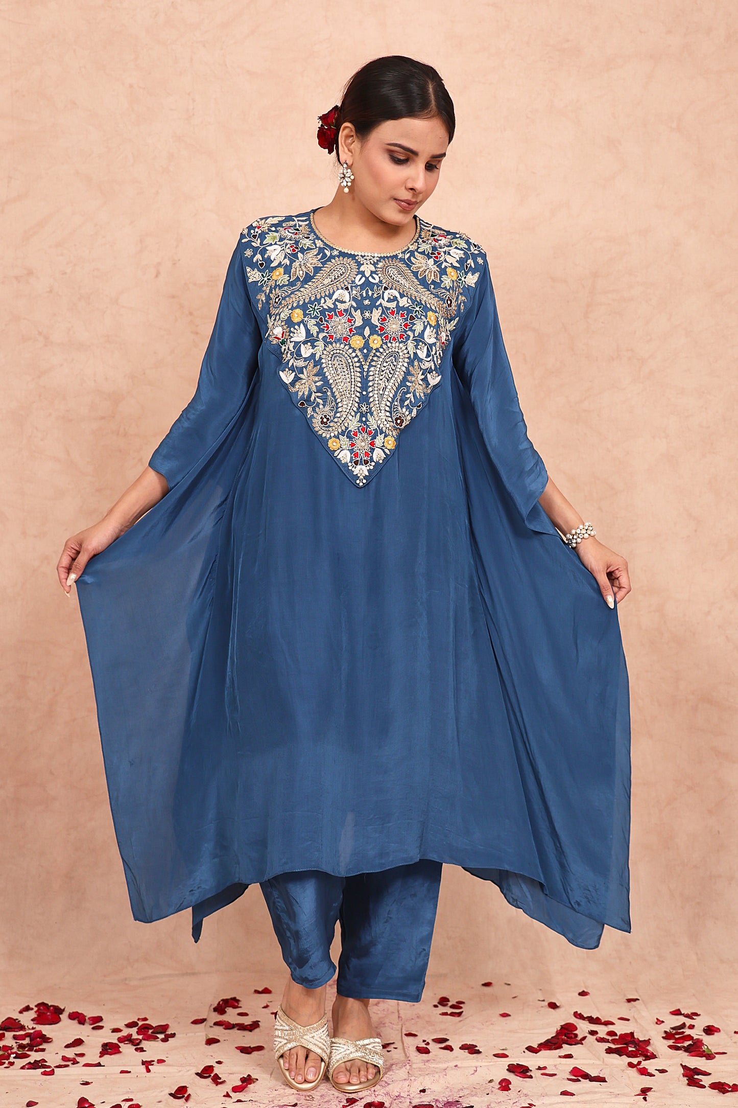 Blue Crepe Embroidered Kaftan Set