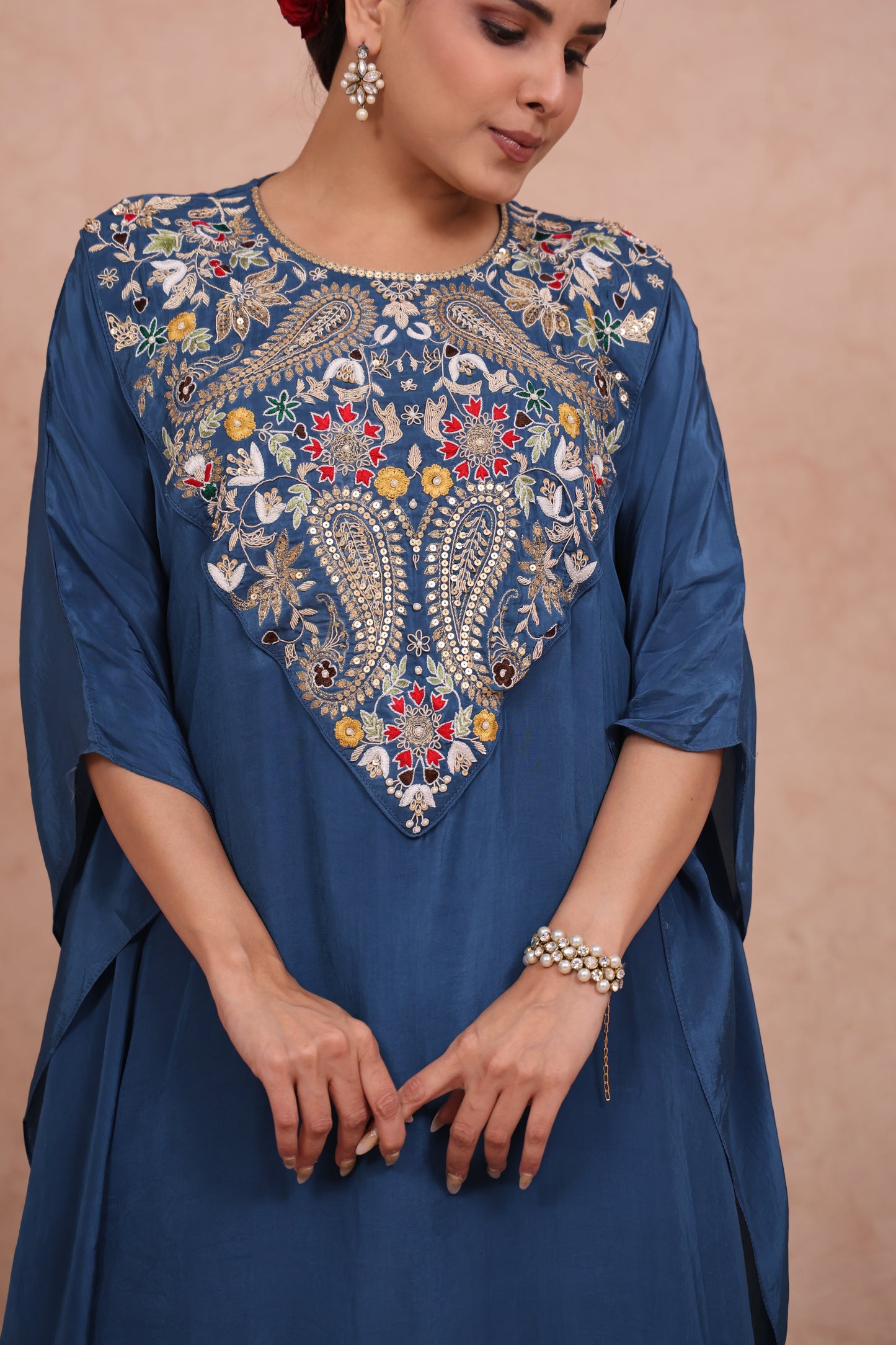 Blue Crepe Embroidered Kaftan Set