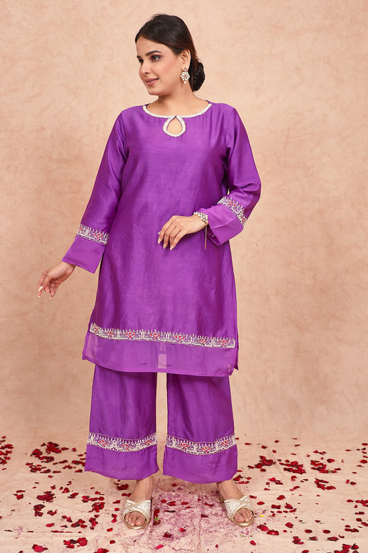 Purple Chanderi Silk Embroidered kurta set