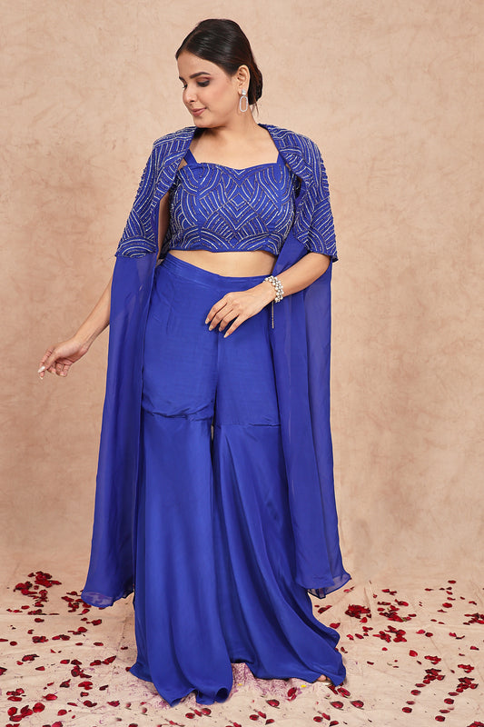 Electric Blue Cut Dana Embroidered Cape Set