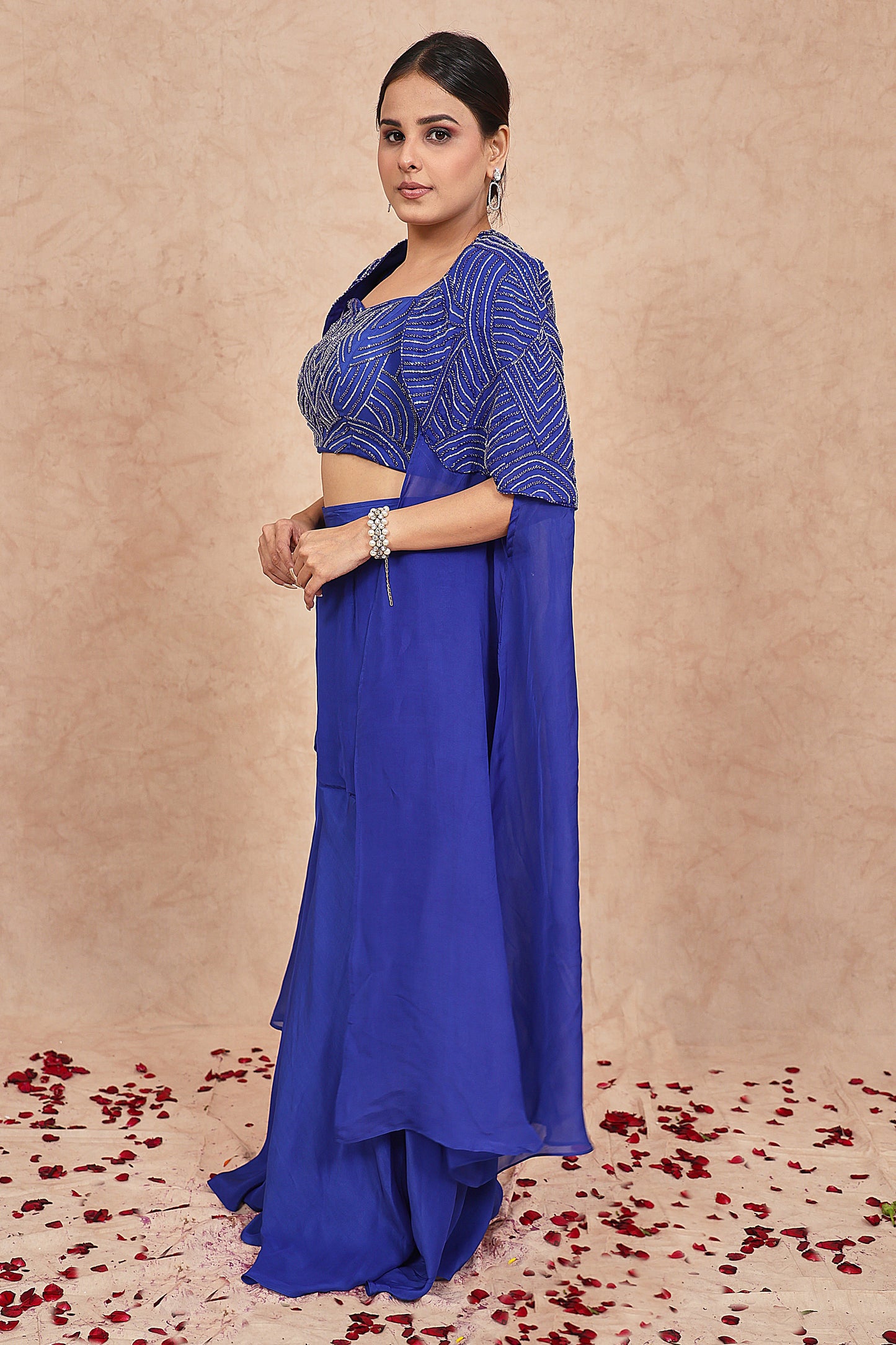 Electric Blue Cut Dana Embroidered Cape Set