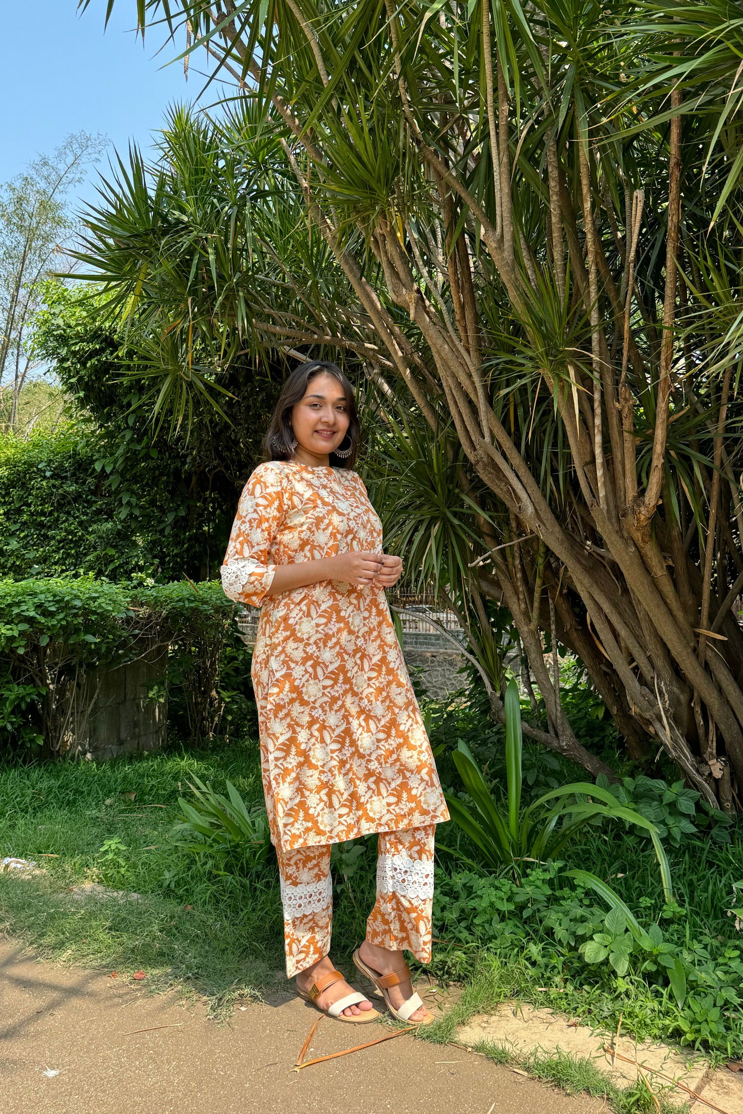 Orange Floral Pure Cotton Kurta Set with Lace Detailing