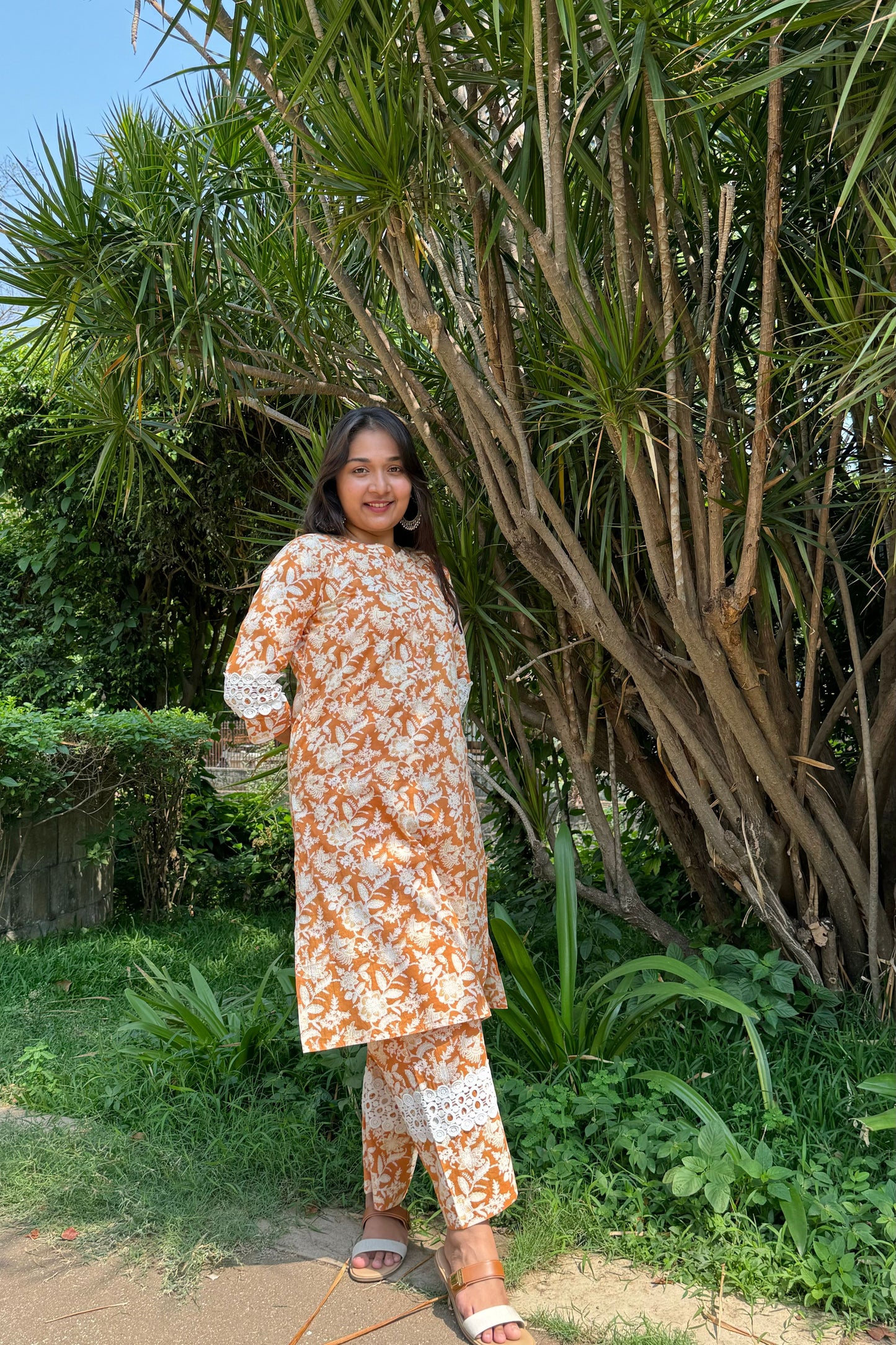 Orange Floral Pure Cotton Kurta Set with Lace Detailing