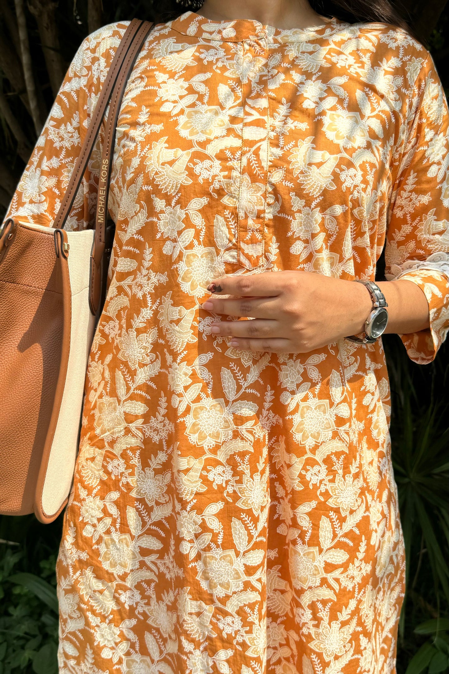 Orange Floral Pure Cotton Kurta Set with Lace Detailing